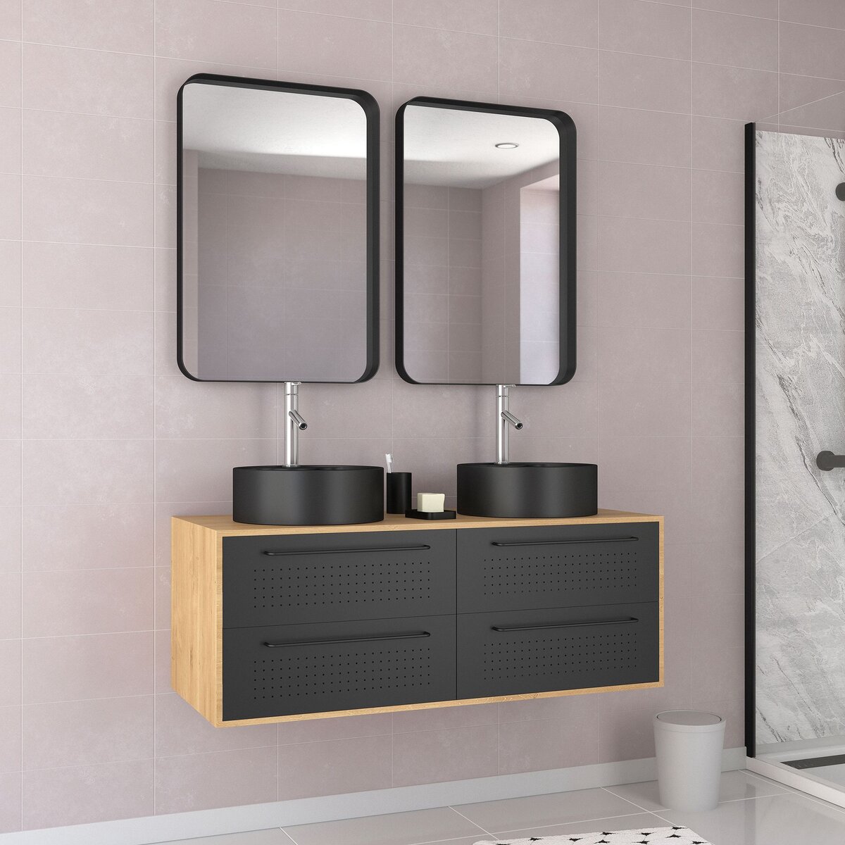 Aurlane Meuble de salle de bain caisson 4 tiroirs + 2 vasques rondes - UBY 120cm