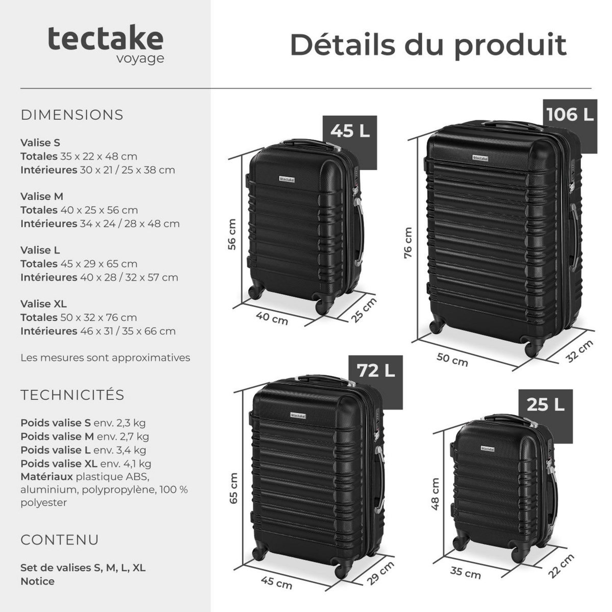 tectake Set de valises trolley rigides 4 parties, en plastique ABS robuste noir