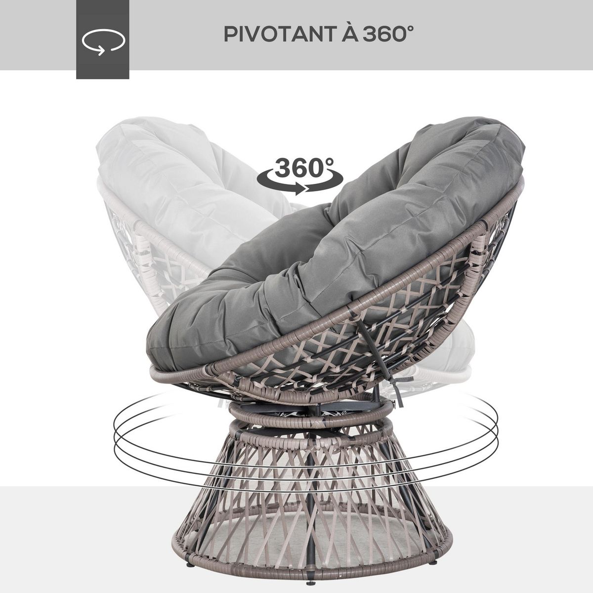 OUTSUNNY Fauteuil rond de jardin fauteuil papasan pivotant grand confort Ø 97 x 86H cm grand coussin fourni polyester résine tressée gris
