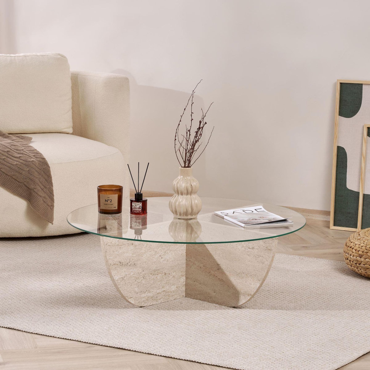 Habitat et Jardin Table basse en verre  Liya  90 x 90 x 30 cm - Travertin