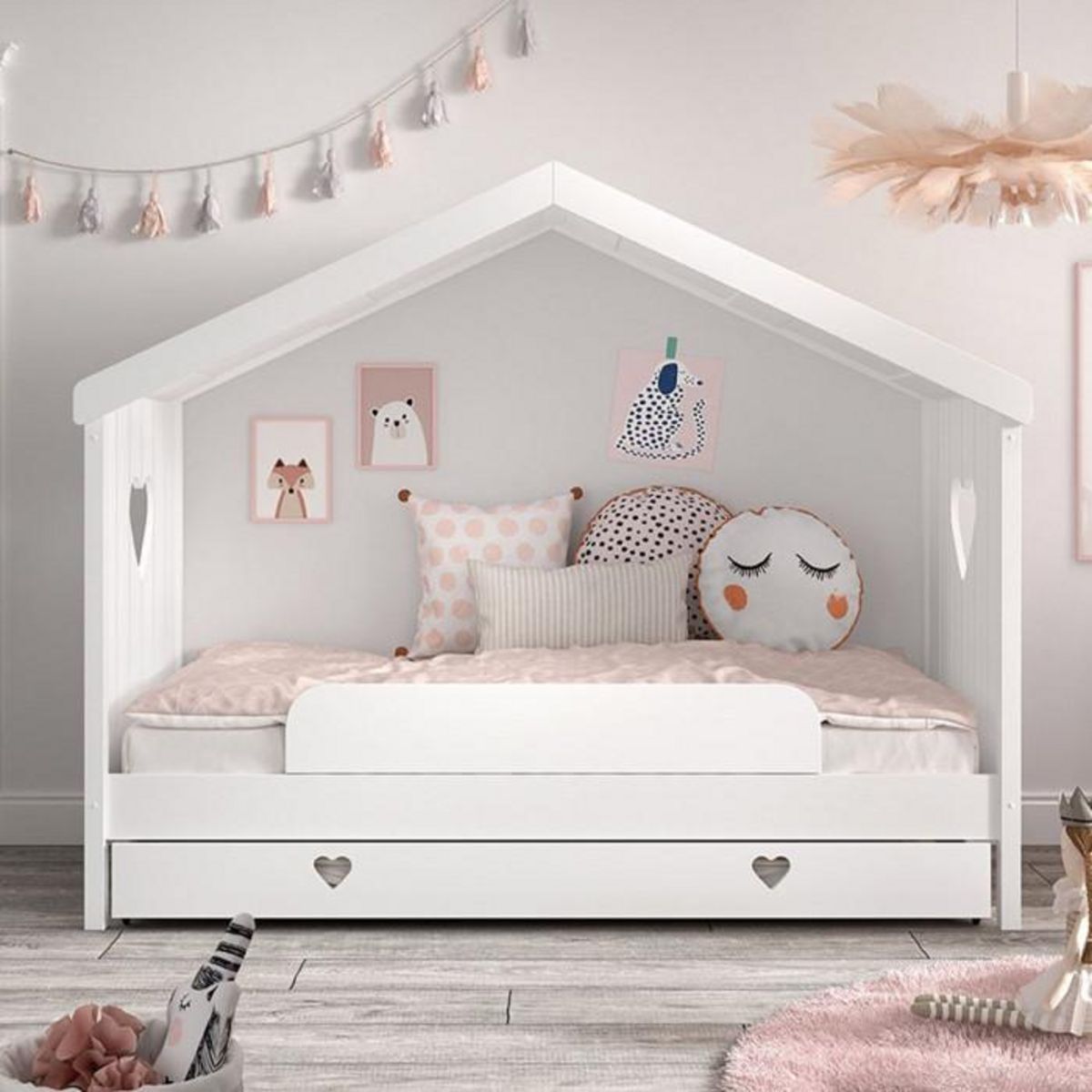 Paris Prix Lit Gigogne Cabane Enfant Ouvert & Barrière  Amori  90x200cm Blanc