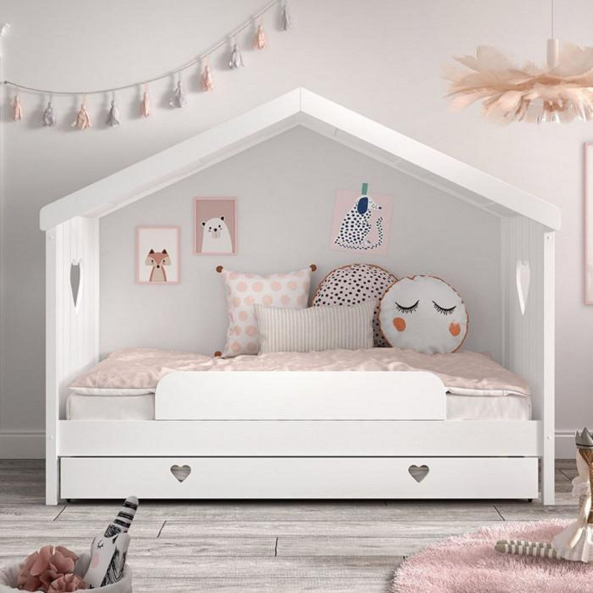 Paris Prix Lit Gigogne Cabane Enfant Ouvert & Barrière  Amori  90x200cm Blanc