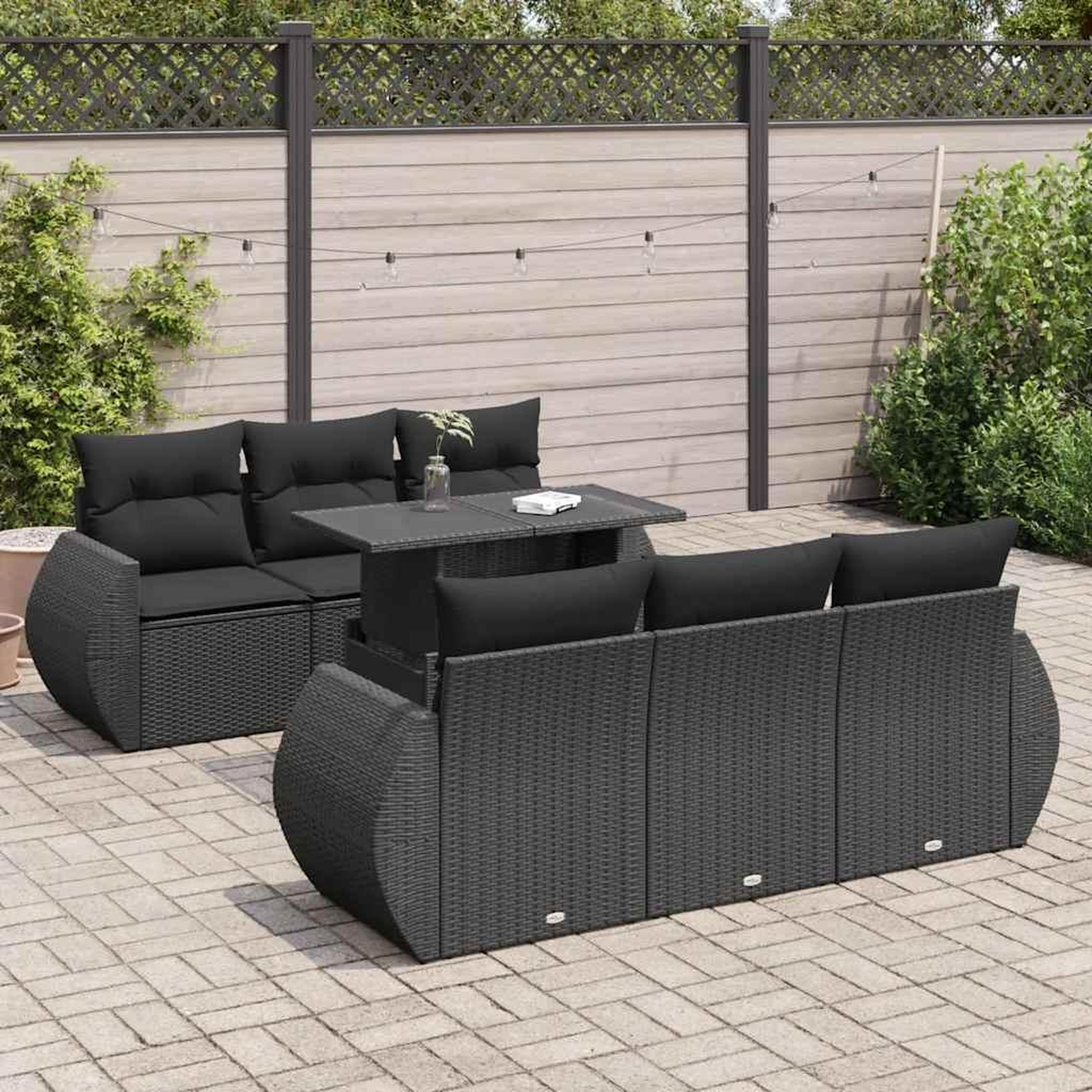 VIDAXL Salon de jardin 7 pcs avec coussins noir resine tressee