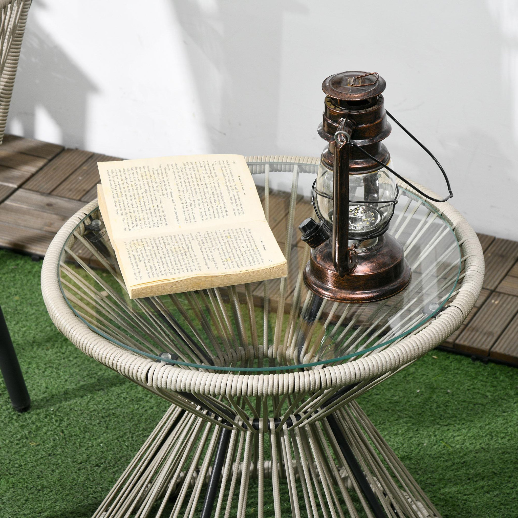 Voir la diapositive 4 : OUTSUNNY Ensemble salon de jardin 3 pièces style colonial 2 fauteuils coussins table basse acier époxy noir résine filaire gris