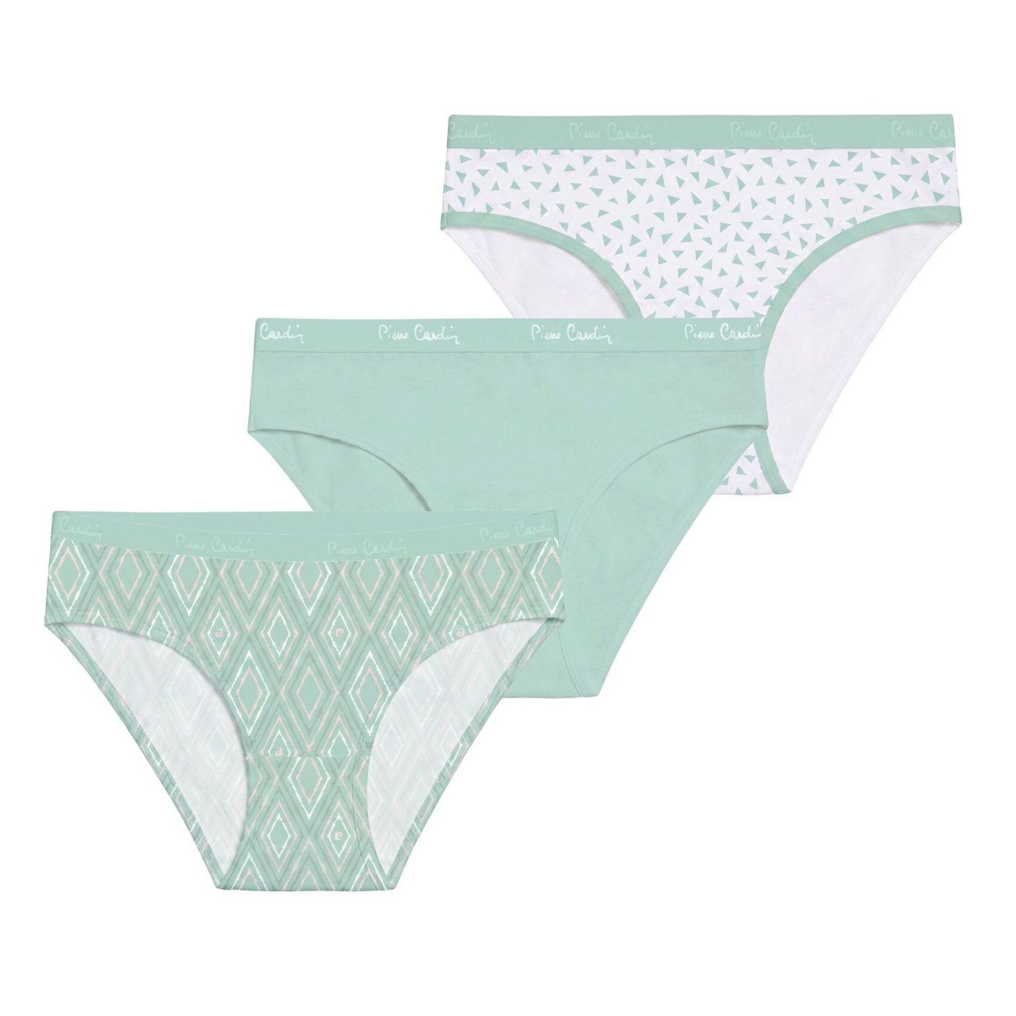 PIERRE CARDIN Lot de 3 slips femme  en coton uni et imprimé ceinture fine 2cm pck12. Coloris disponibles : Vert