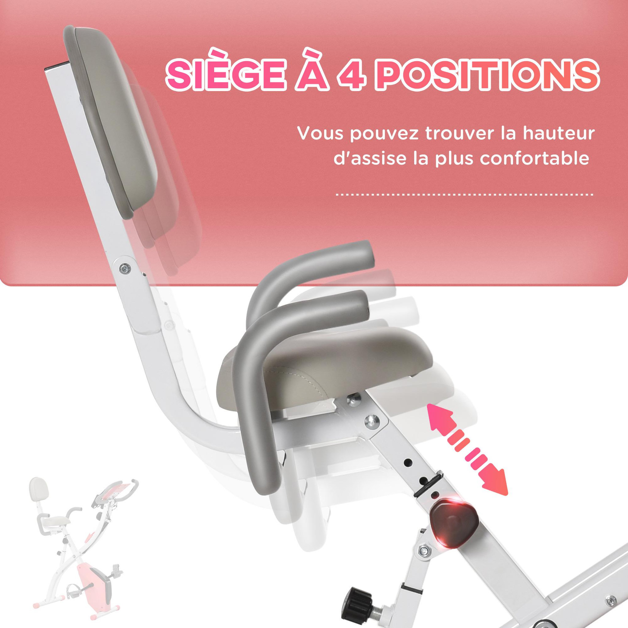 Voir la diapositive 5 : HOMCOM Vélo d'appartement pliant 8 niveaux de résistance magnétique dossier selle réglable poignées ergonomiques écran LCD multifonction suspensions support tablette acier