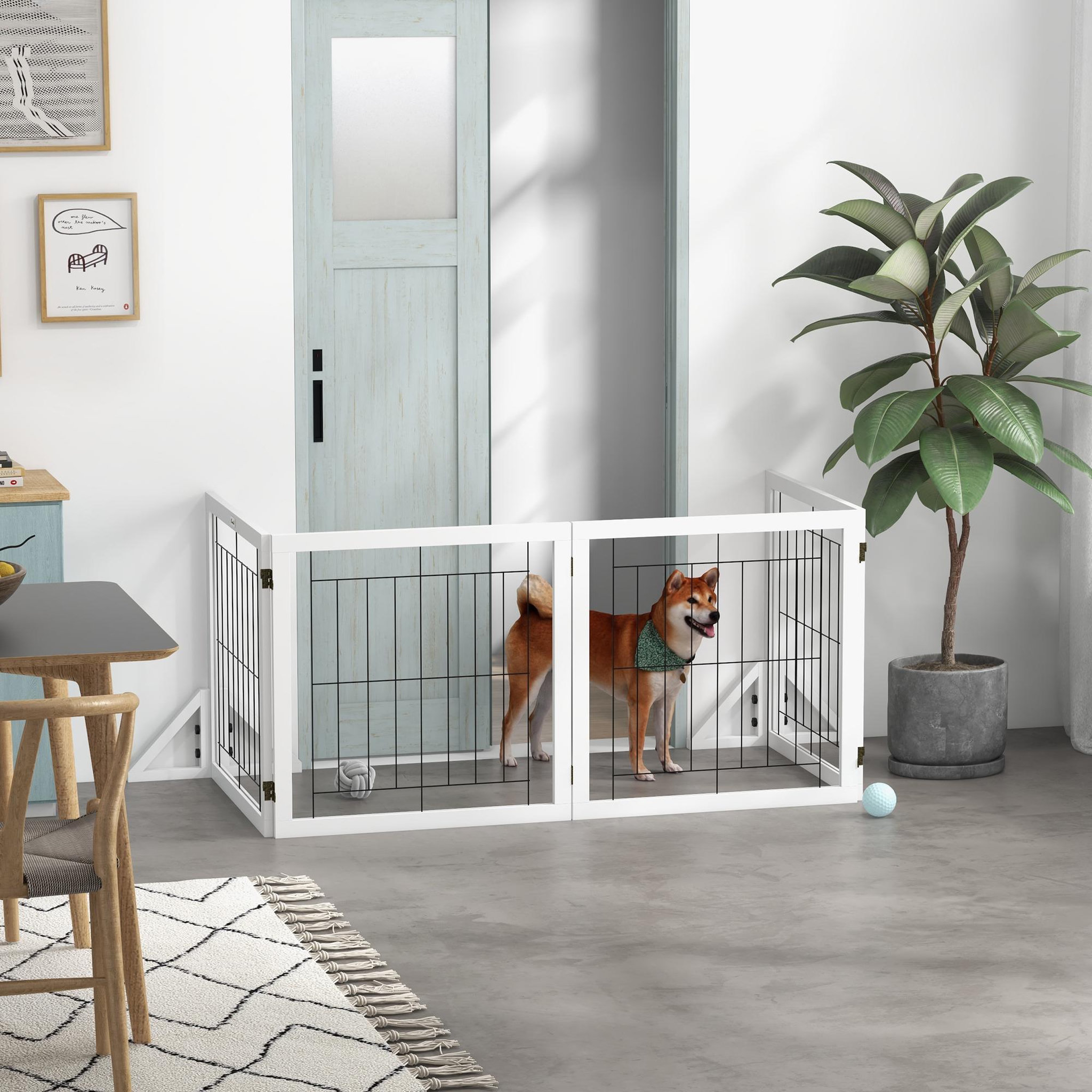Voir la diapositive 2 : PAWHUT Barrière de sécurité pour animaux autoportante - barrière modulable pliable 4 panneaux - 2 pieds support - acier noir bois blanc