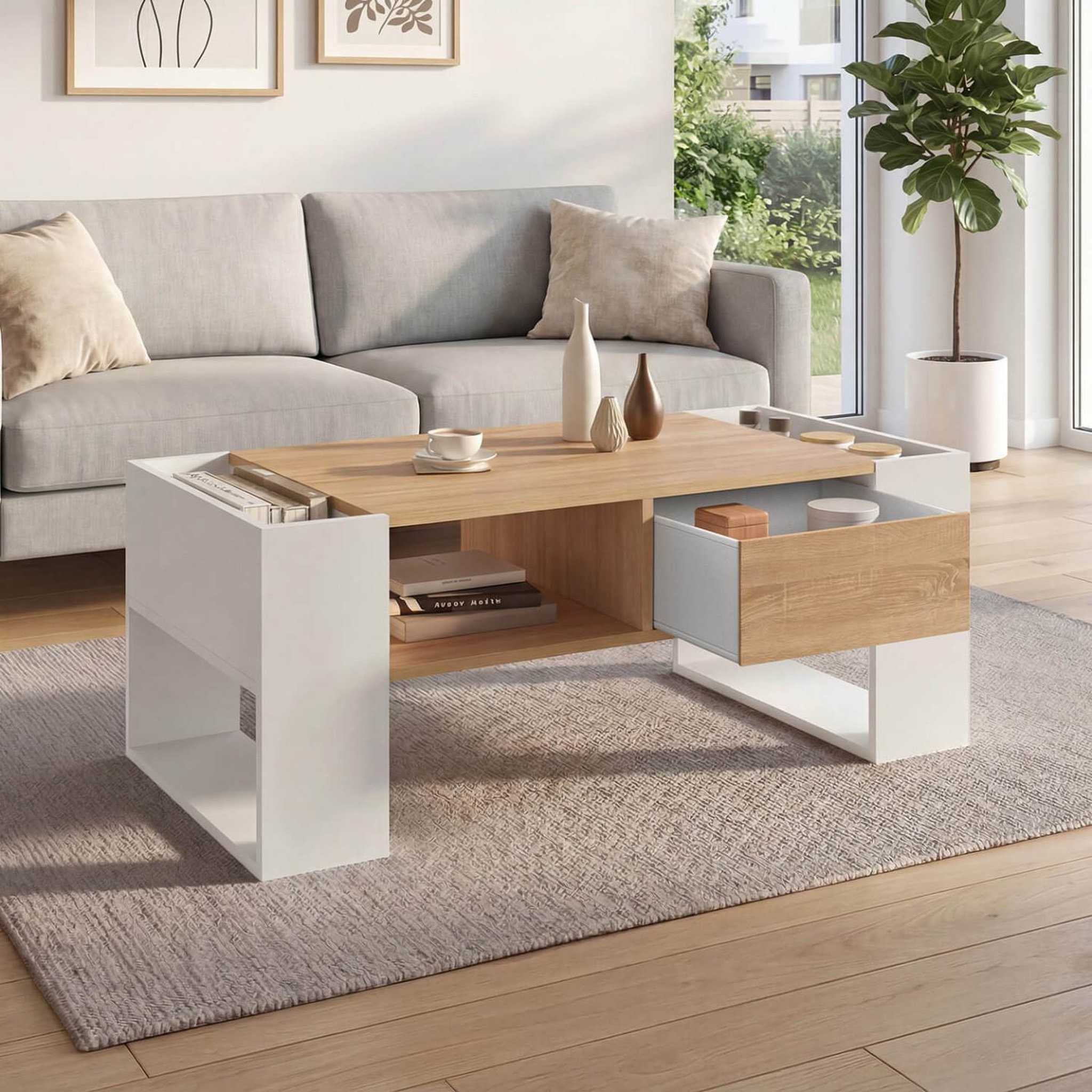 Voir la diapositive 4 : ID MARKET Table basse rectangulaire beryl avec tiroir bois blanc et façon hêtre