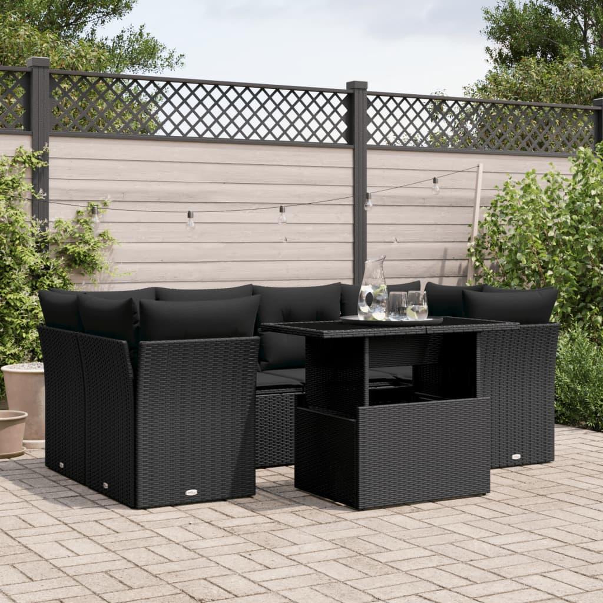VIDAXL Salon de jardin 7 pcs avec coussins noir resine tressee