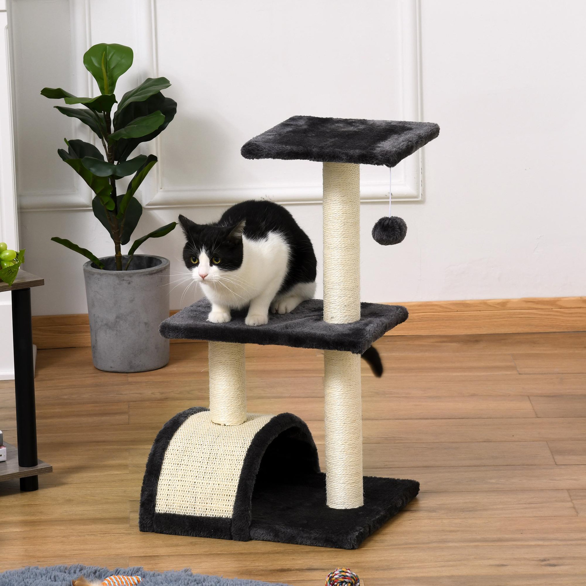Voir la diapositive 2 : PAWHUT Arbre à chat griffoir grattoir design jeu boule suspendue 2 plateformes peluche sisal naturel gris