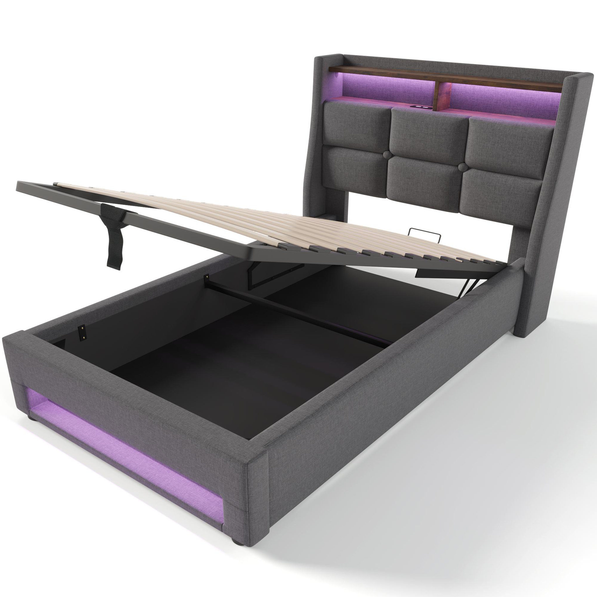 Voir la diapositive 6 : MERAX Lit coffre avec USB et LED Lin gris