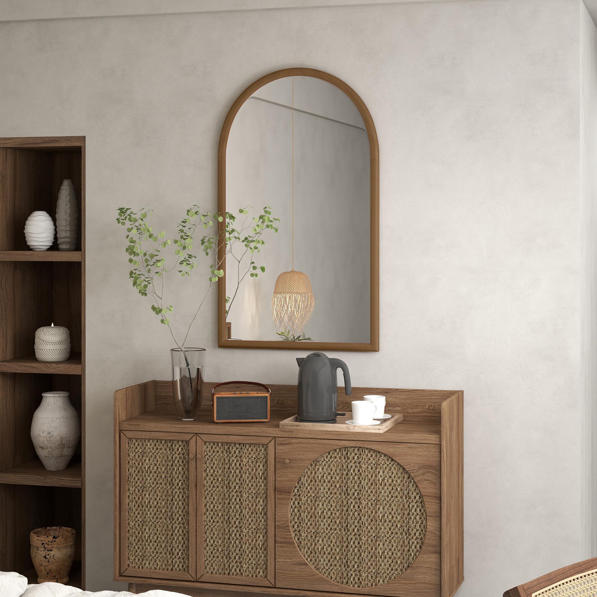 Voir la diapositive 2 : HOMCOM Miroir mural arche, 110 x 65 cm cadre en bois, miroir arqué pour le salon, la chambre, l'entrée, brun foncé