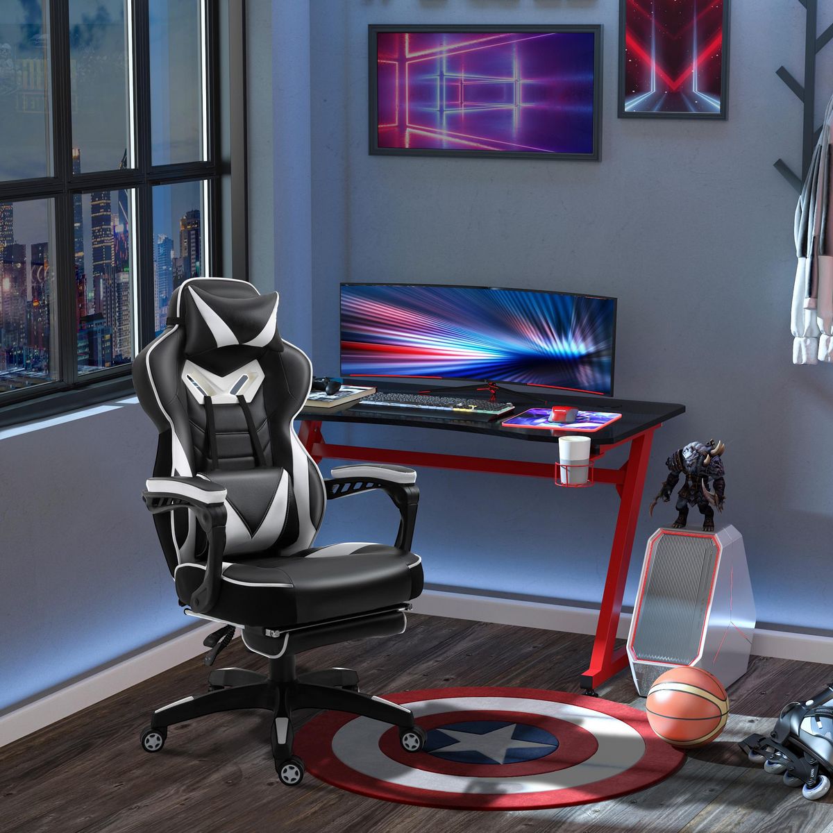 VINSETTO Vinsetto Fauteuil de bureau gamer style baquet racing - pivotant, inclinable - coussin lombaire, tétière, repose-pieds inclus - revêtement synthétique blanc noir