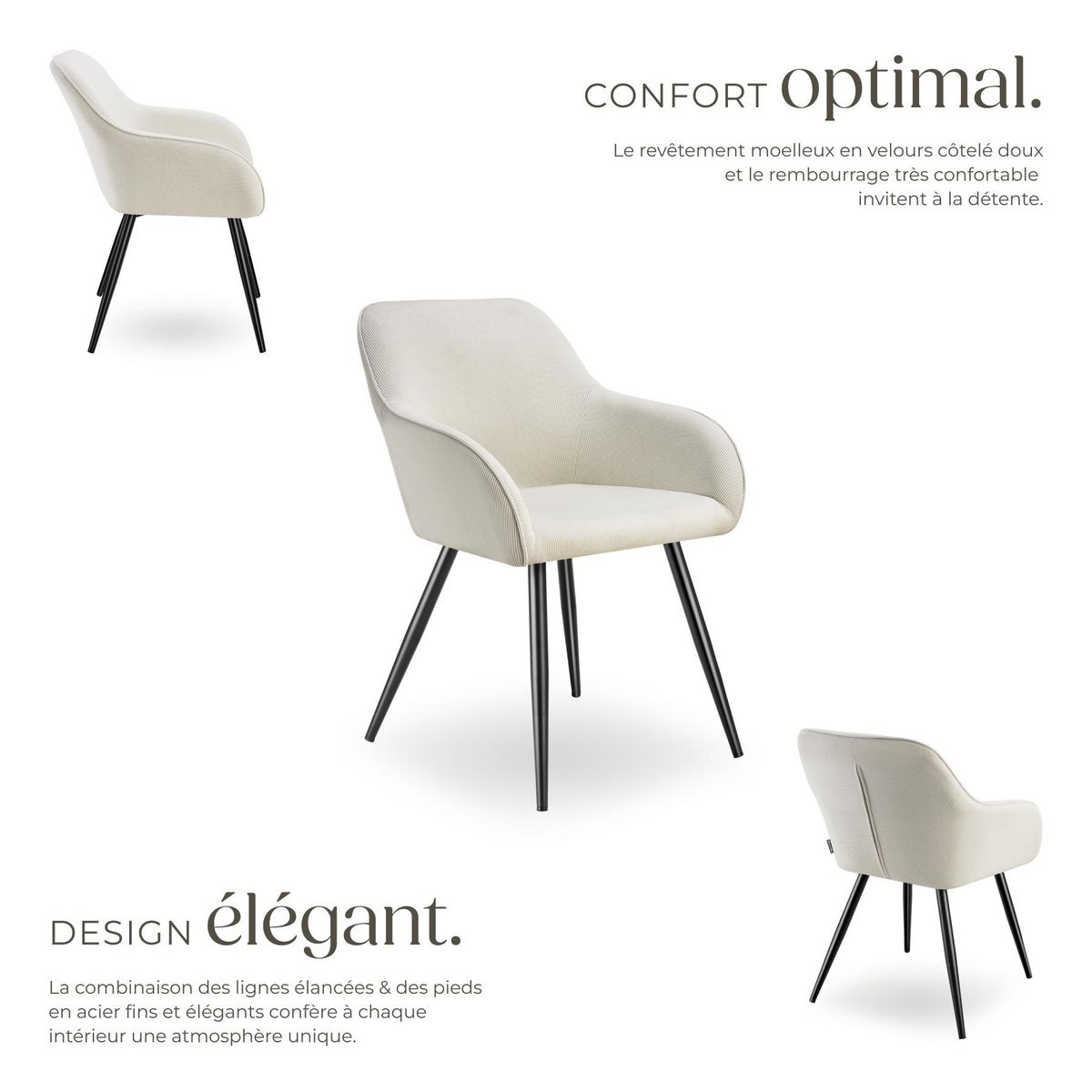 tectake Chaise de salle à manger rembourrée en velours côtelé crème/noir Lot de 2