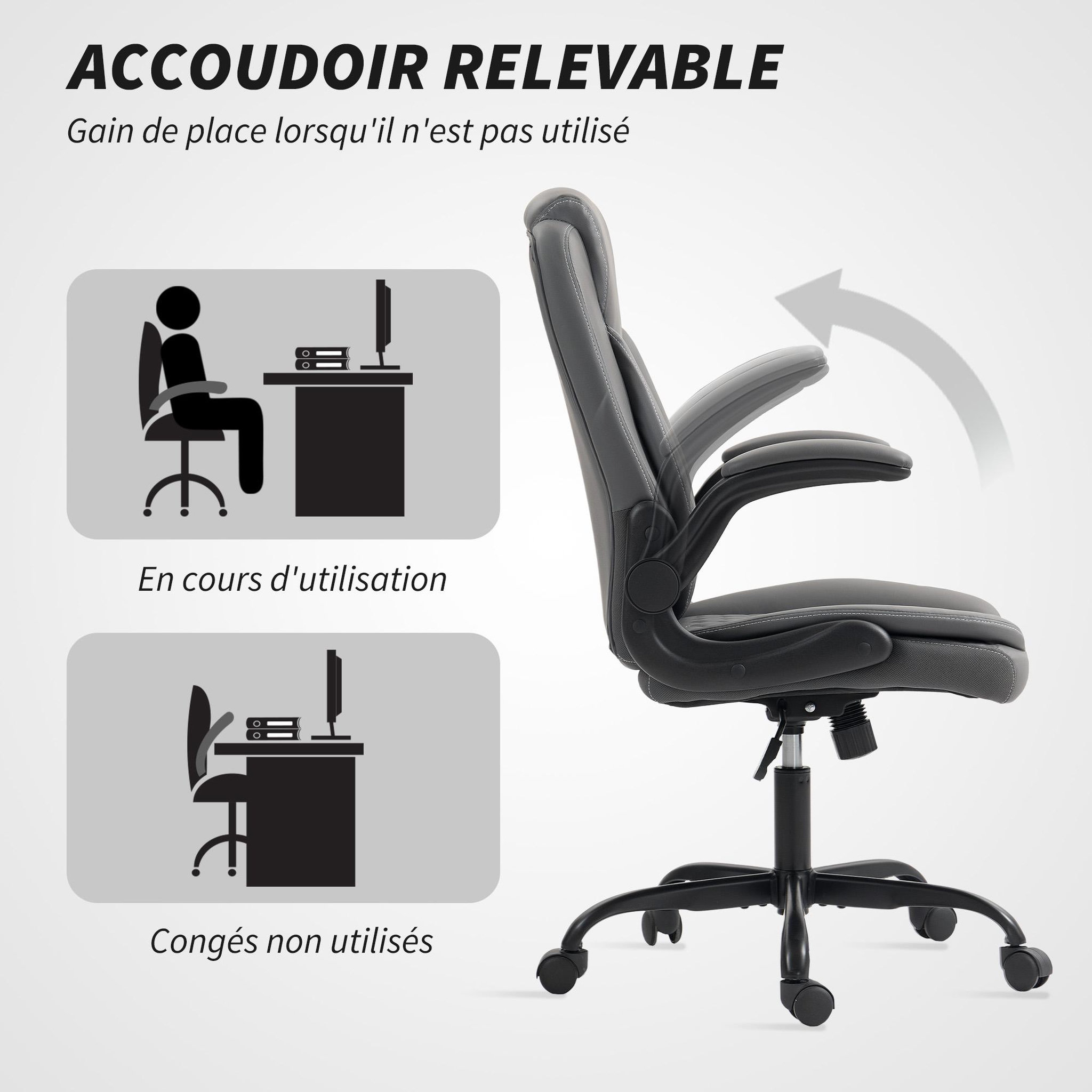 Voir la diapositive 4 : HOMCOM Chaise de bureau design Chesterfield accoudoirs relevables grand confort synthétique gris foncé