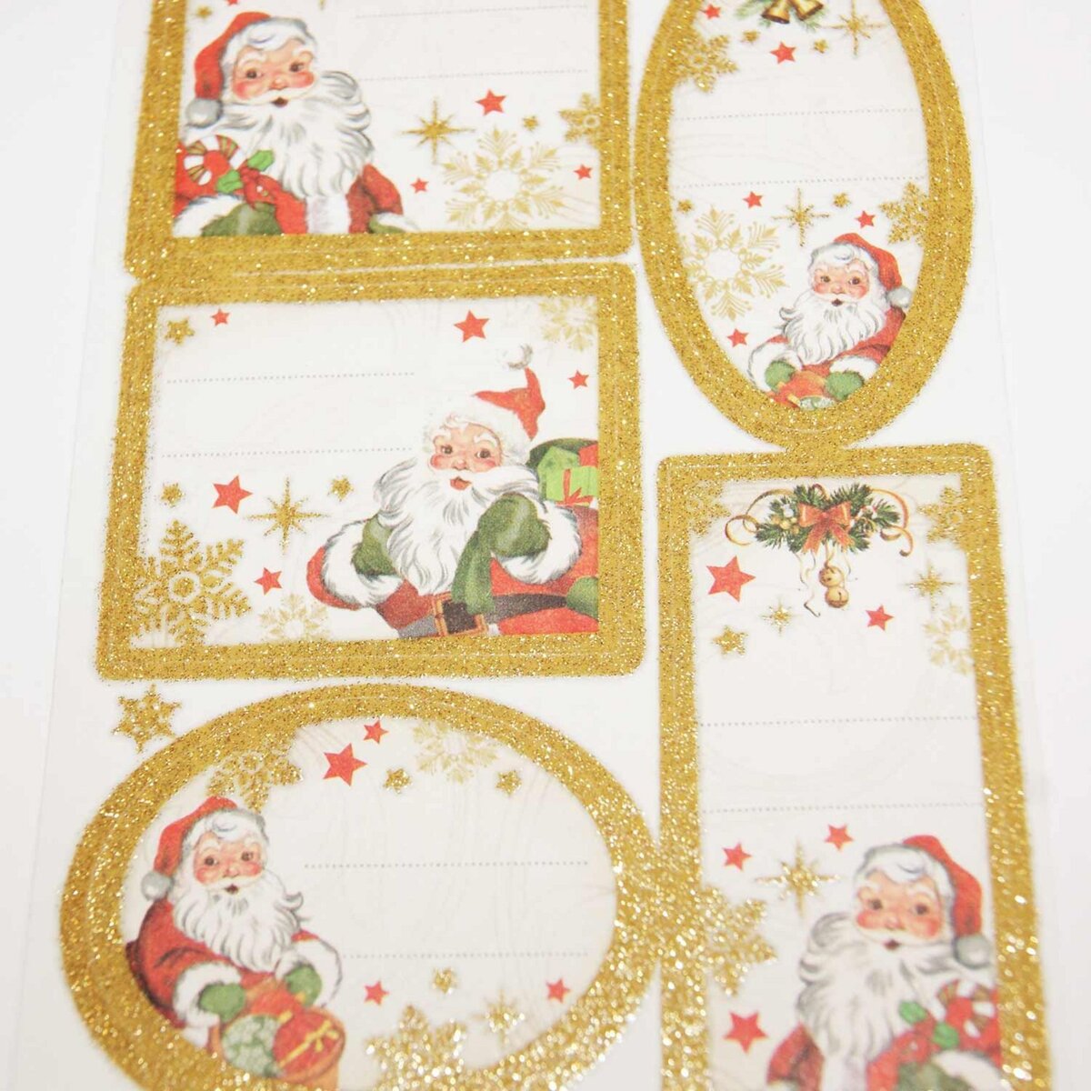  15 étiquettes adhésives de Noël - Père Noël à paillettes dorées