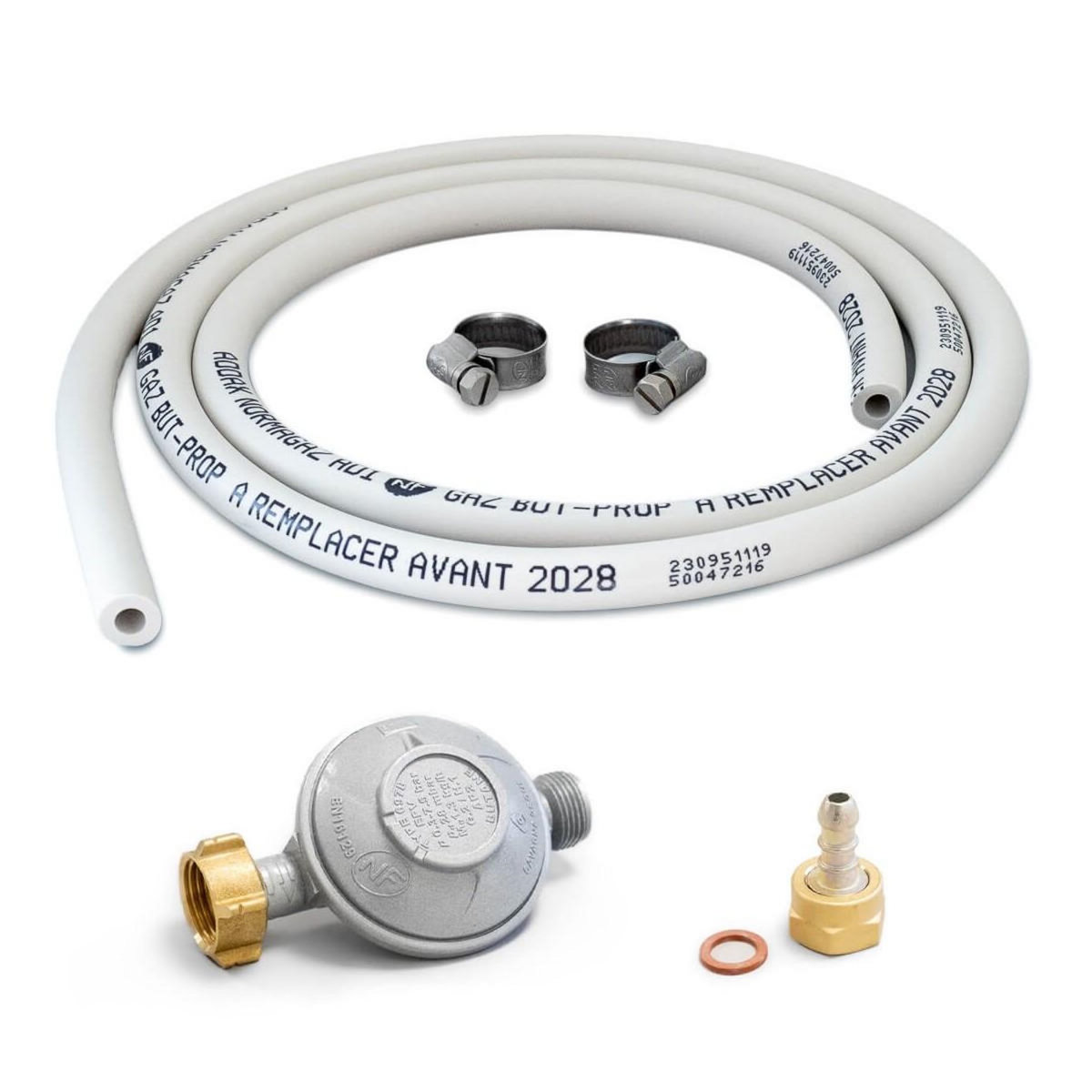 Proweltek Kit connexion gaz complet pour réchauds gaz tuyau souple 1.50m + Embout tétine + Détendeur butane 28 mbars
