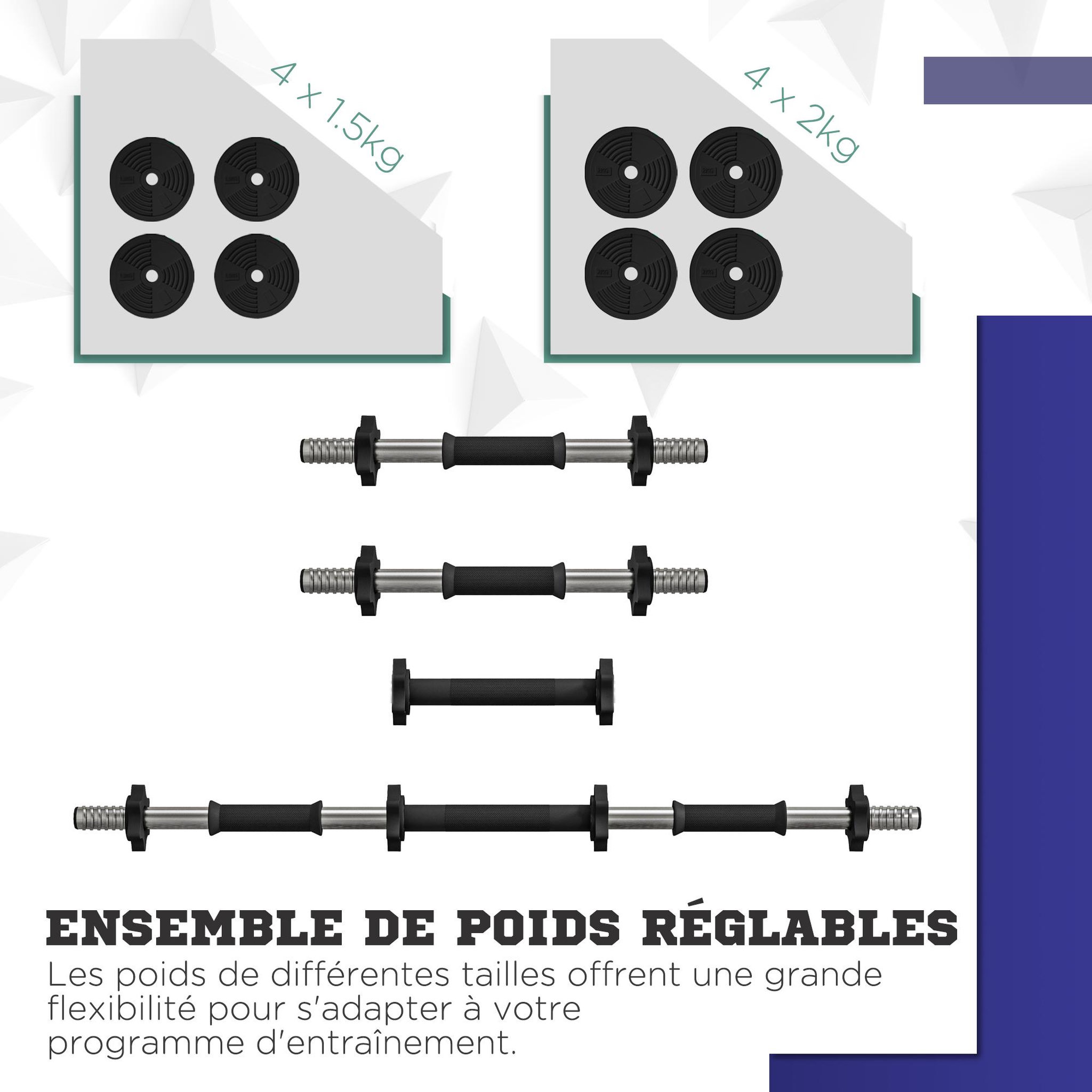 Voir la diapositive 5 : HOMCOM Haltères 2 en 1 réglables - haltères libres 15 kg - barres incluses - entraînement musculaire & haltérophilie - noir rouge