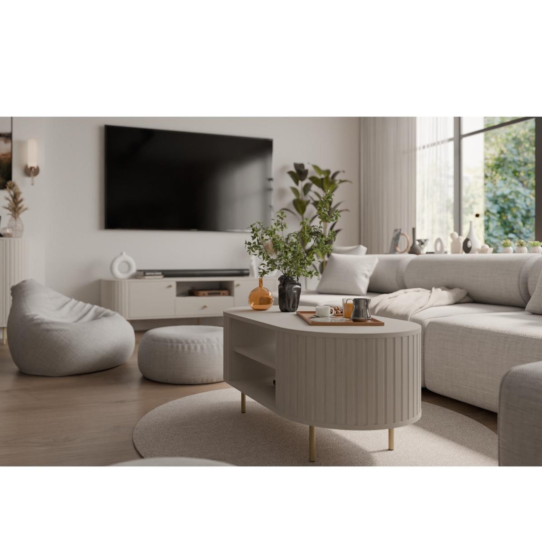 Voir la diapositive 6 : JLC KREATION Table basse moderne ovale beige cachemire lilio