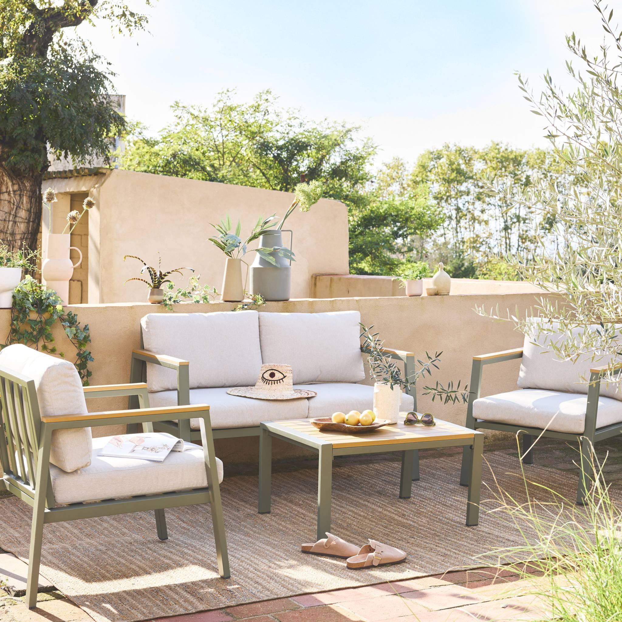 Voir la diapositive 3 : SWEEEK Salon de jardin Casoria, aluminium et polywood 4 places, 1 canapé, 2 fauteuils, 1 table basse
