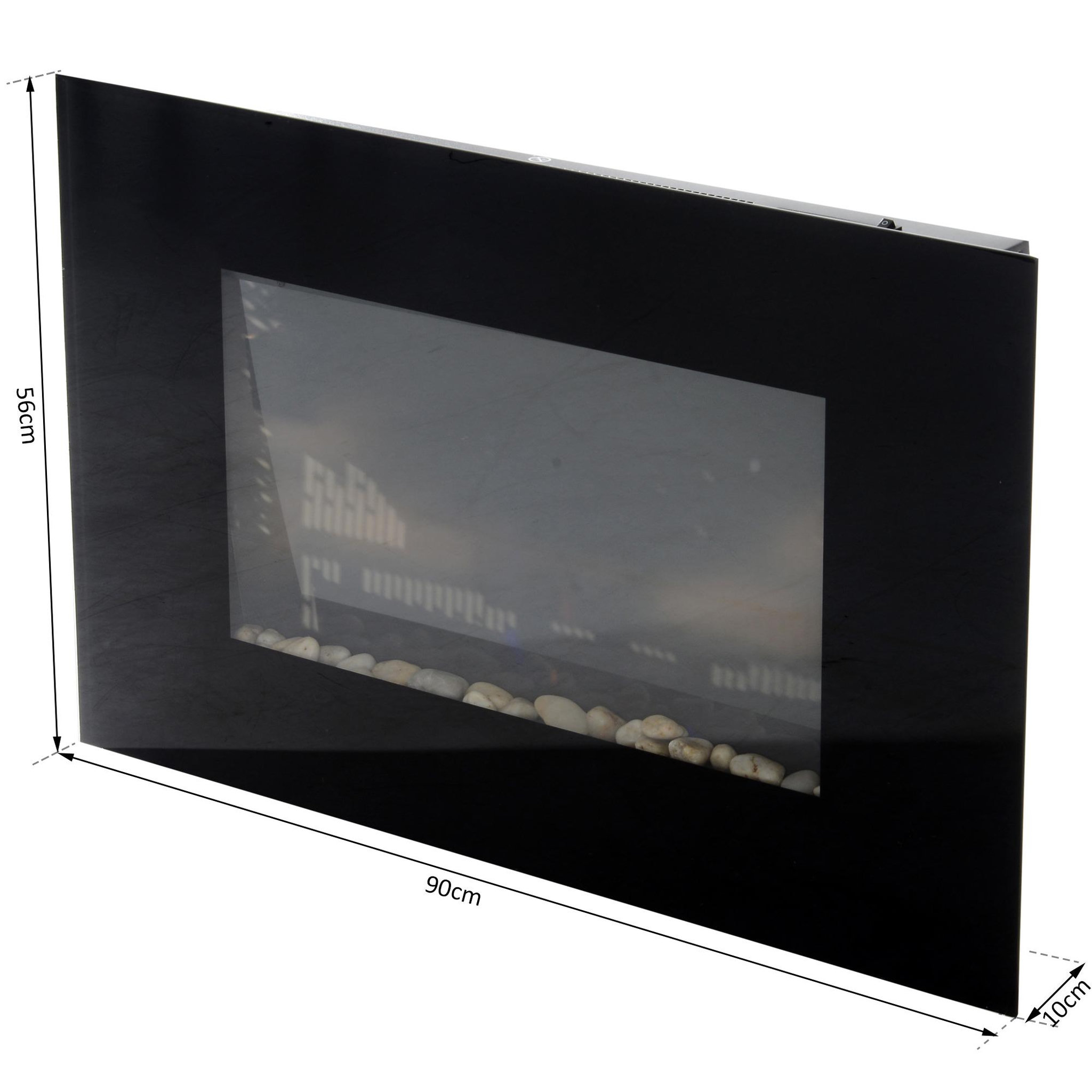 Voir la diapositive 3 : HOMCOM Cheminée électrique murale LED 7 effets flammes + 7 couleurs ambiance + galets télécommande thermostat 1000-2000 W minuterie noir
