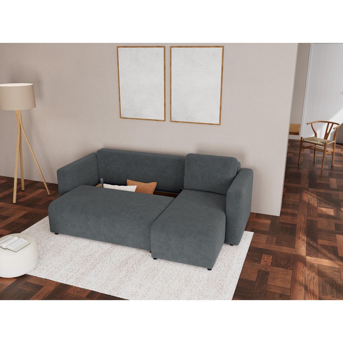 BEST MOBILIER Canopy - canapé d'angle réversible 4 places convertible avec coffre en velours côtelé