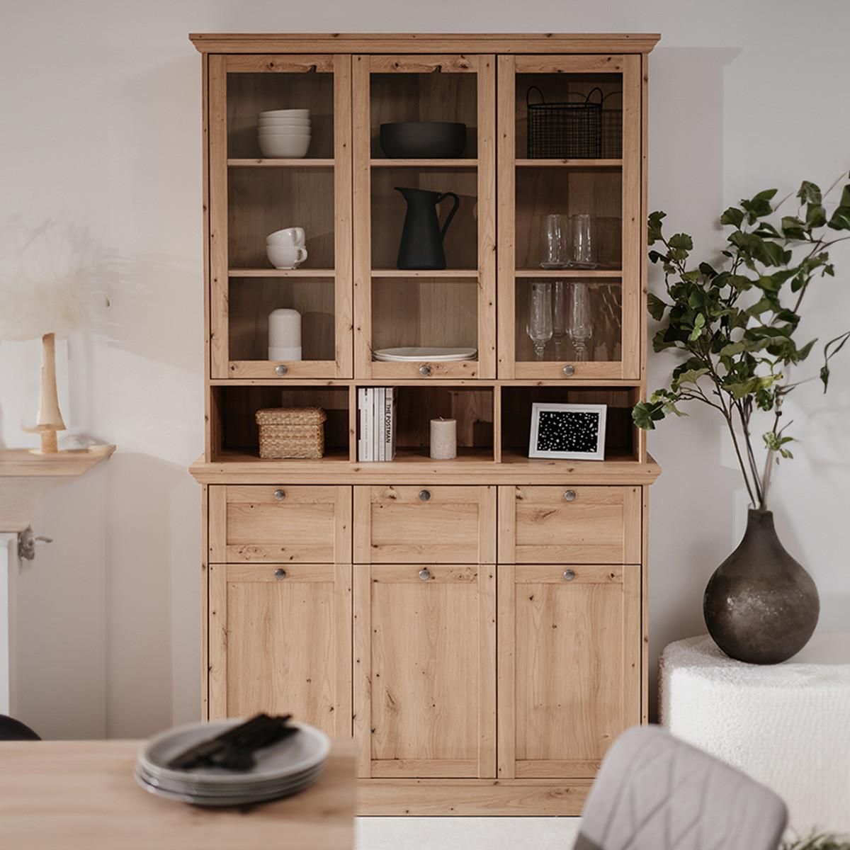 HOMIFAB Buffet haut 6 portes 3 tiroirs effet chêne 120 cm - Saga