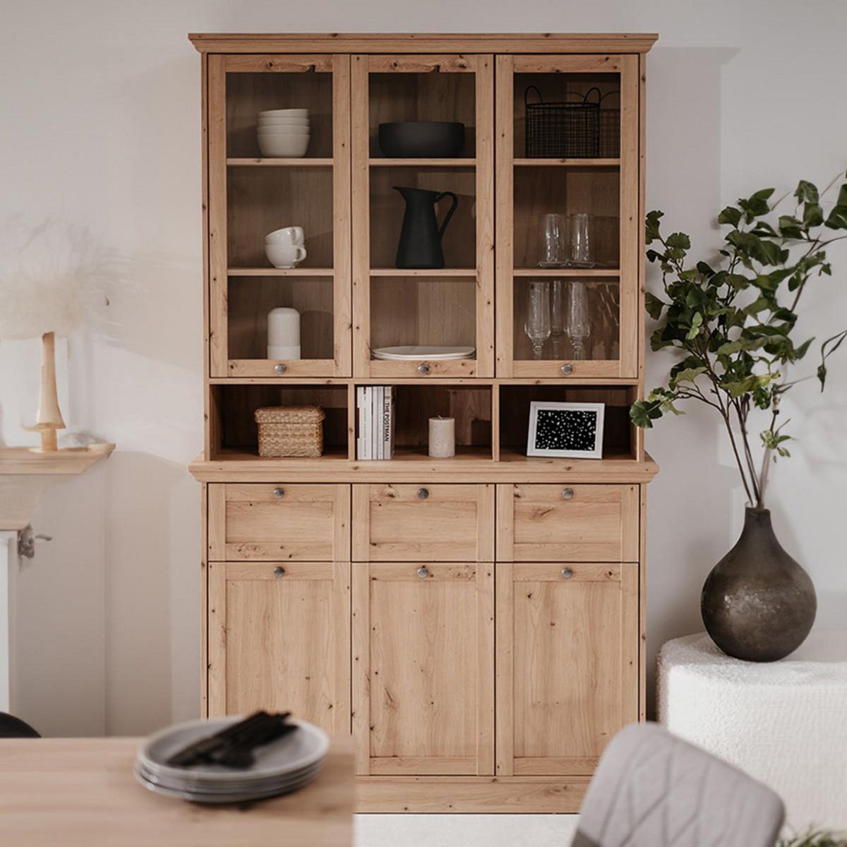 HOMIFAB Buffet haut 6 portes 3 tiroirs effet chêne 120 cm - Saga