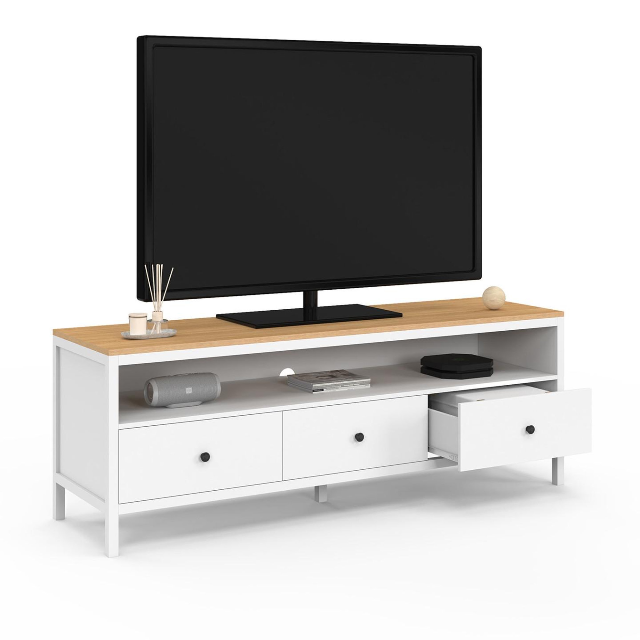 Voir la diapositive 4 : ID MARKET Meuble tv 140 cm achille 3 tiroirs blanc et plateau bois