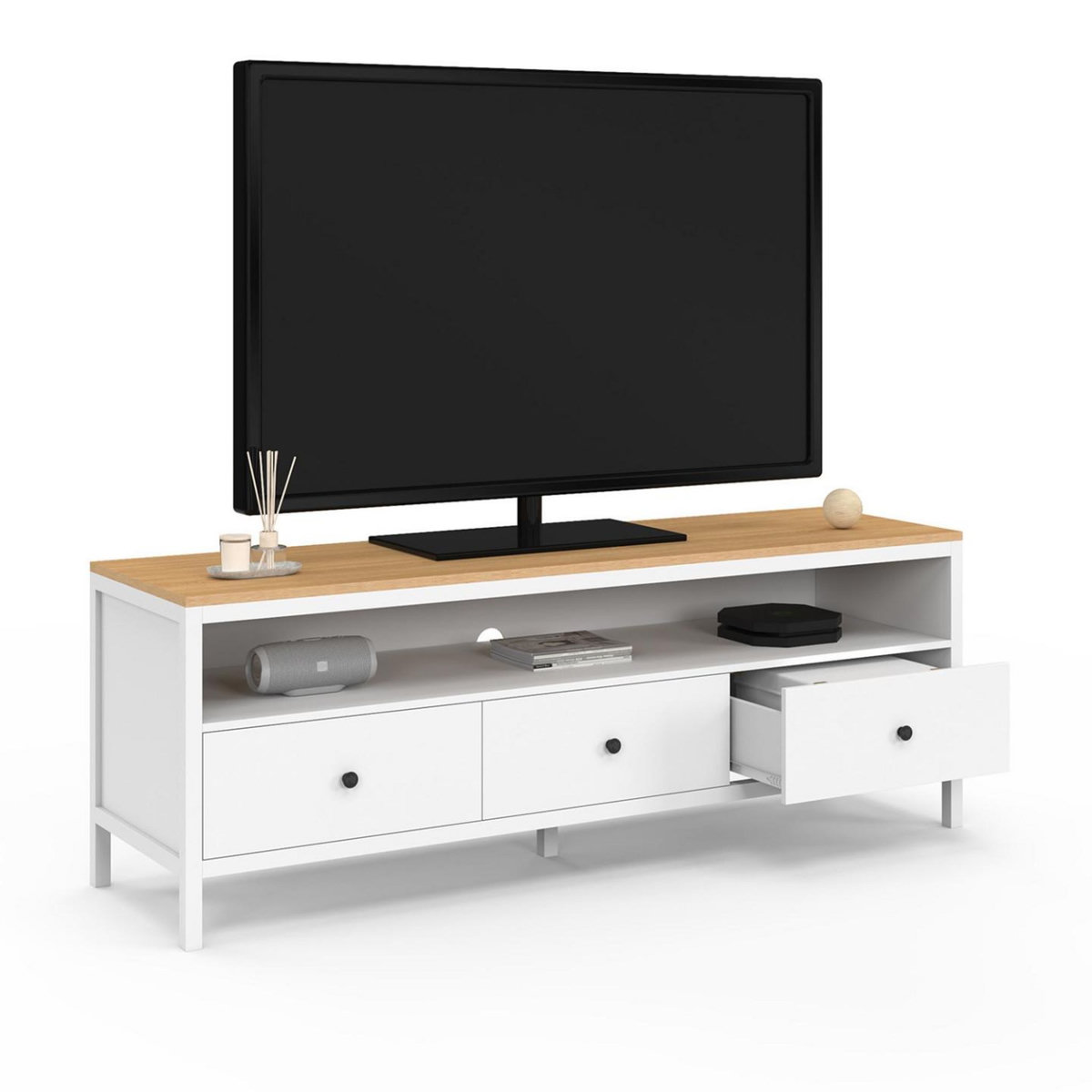 ID MARKET Meuble TV 140 cm ACHILLE 3 tiroirs blanc et plateau bois