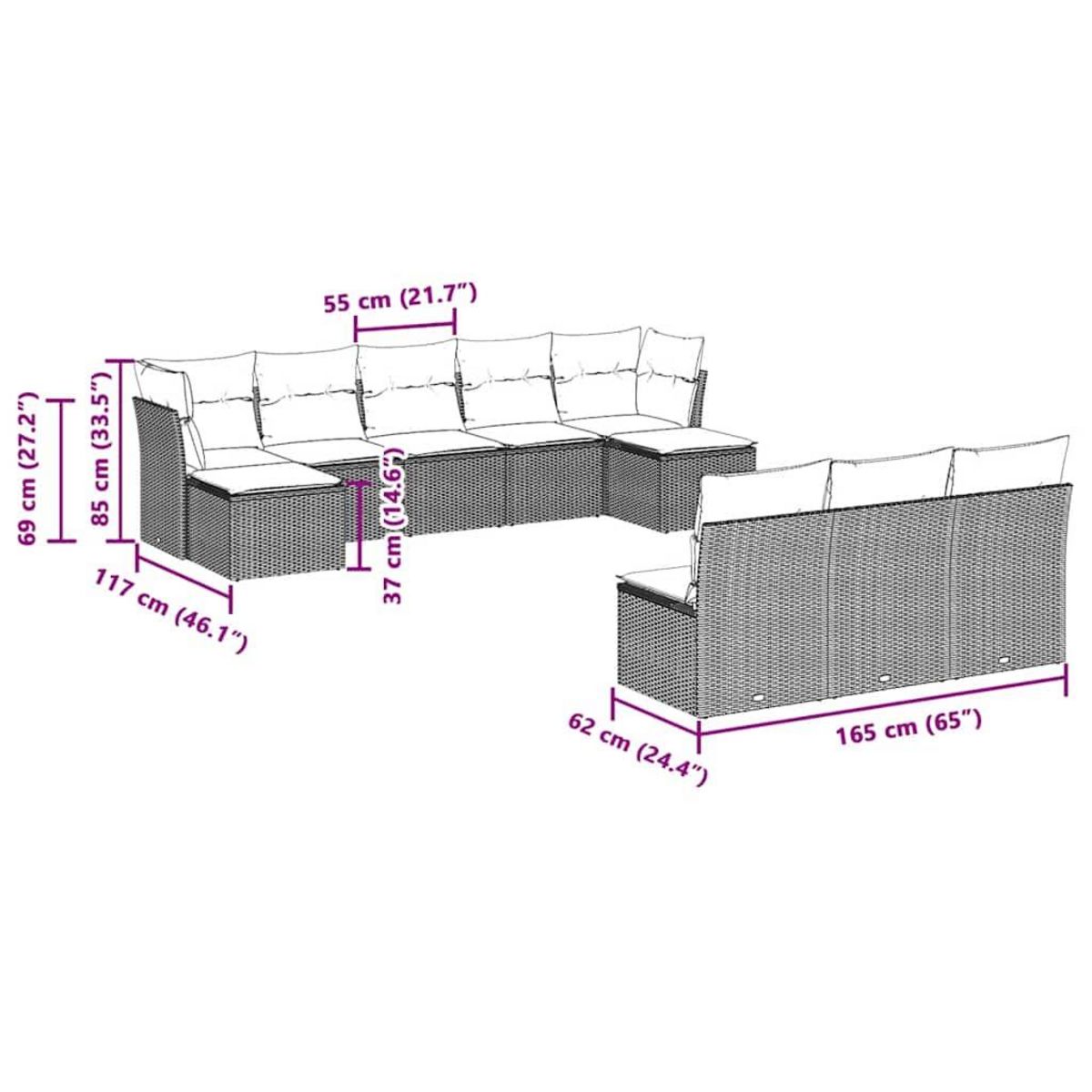 VIDAXL Salon de jardin avec coussins 10 pcs gris clair resine tressee