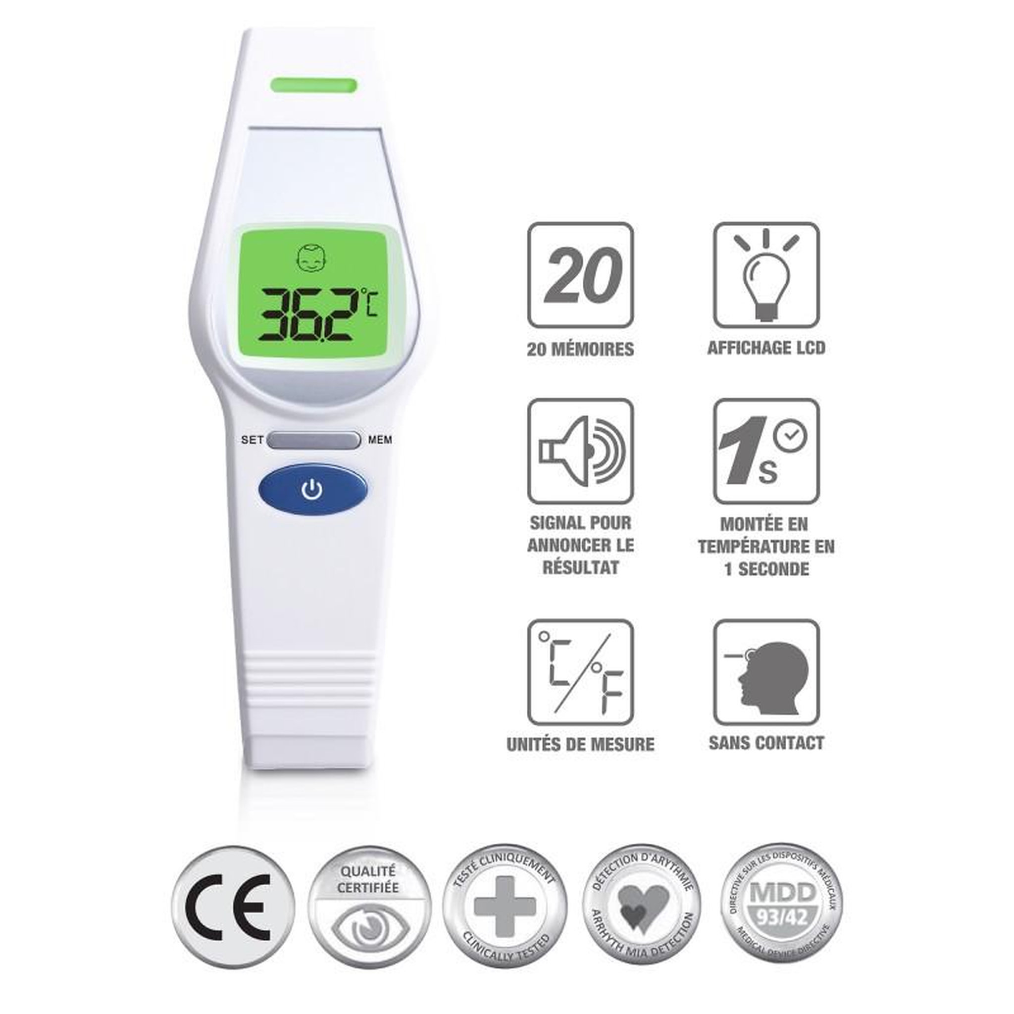 Voir la diapositive 1 : YOGHI Thermomètre frontal numérique – norme médical 93-42-eec ufr106