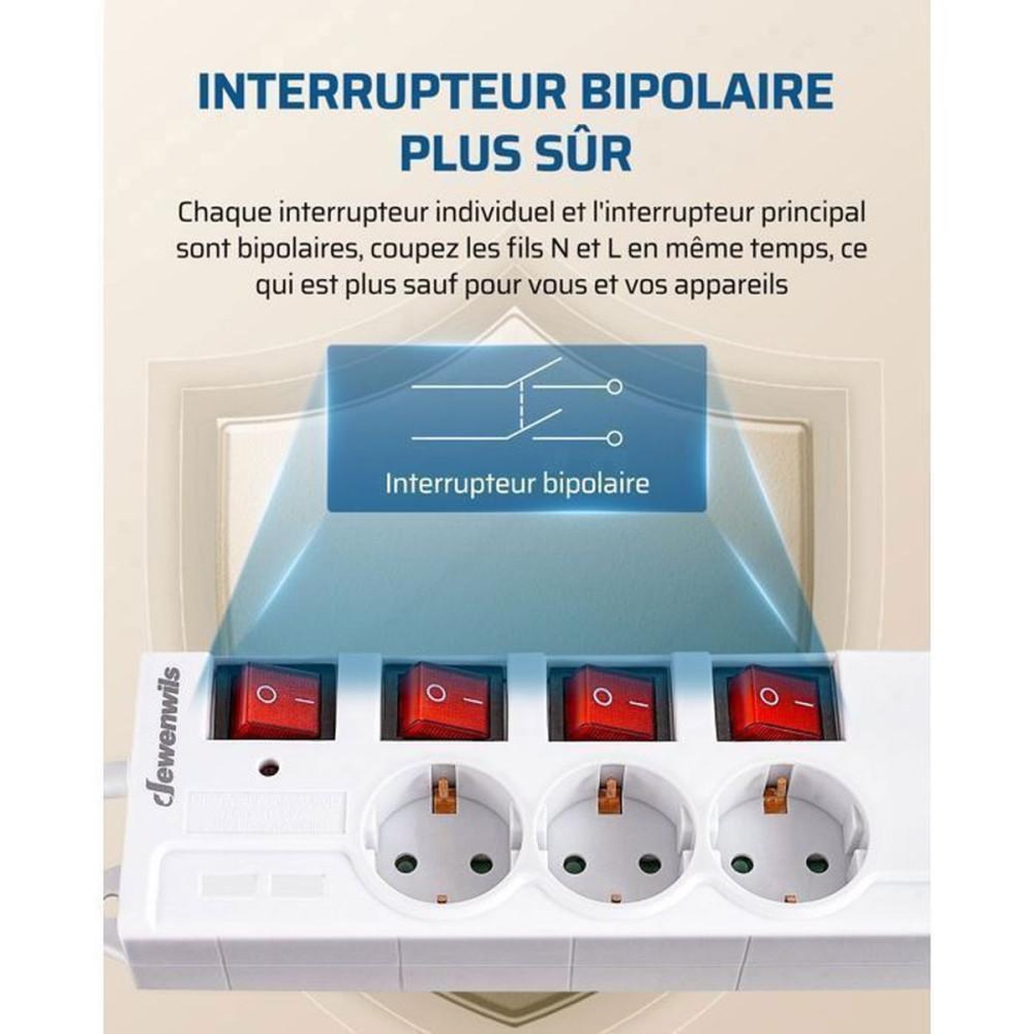 Voir la diapositive 3 : Multiprise 6 prises 16A 3680W avec 7 interrupteurs bipolaires LED, câble 5 m, protection surtension et court-circuit, montage mural/bureau, blanche