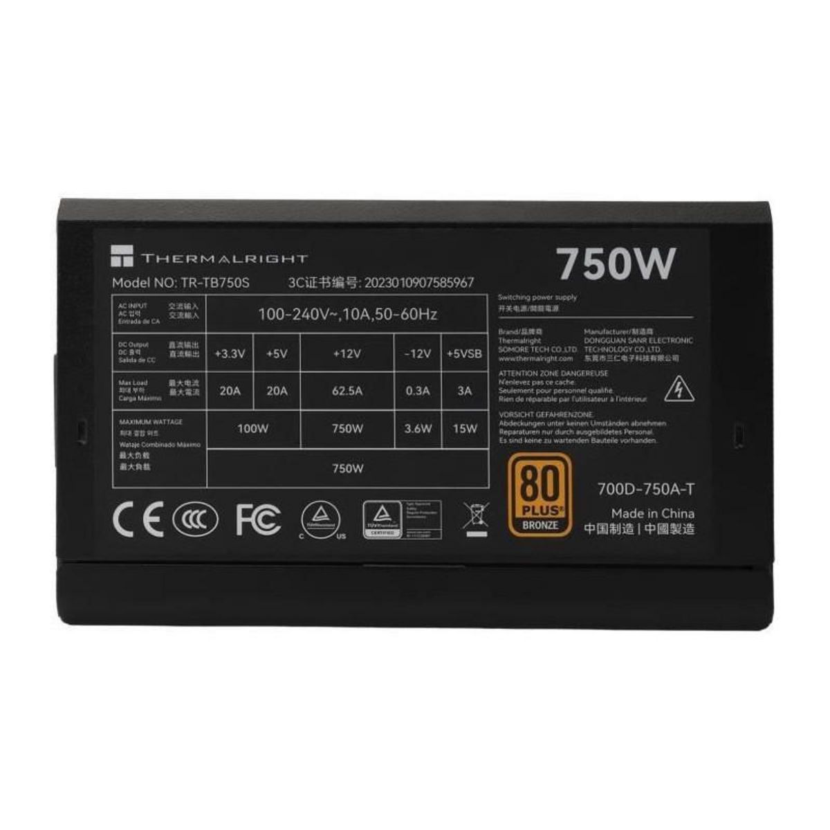 Thermalright Alimentation PC - THERMALRIGHT - TB750S - 750W - 80+ Bronze - Non modulaire - ATX 3.0 - PCI-E Gen5 - Noir