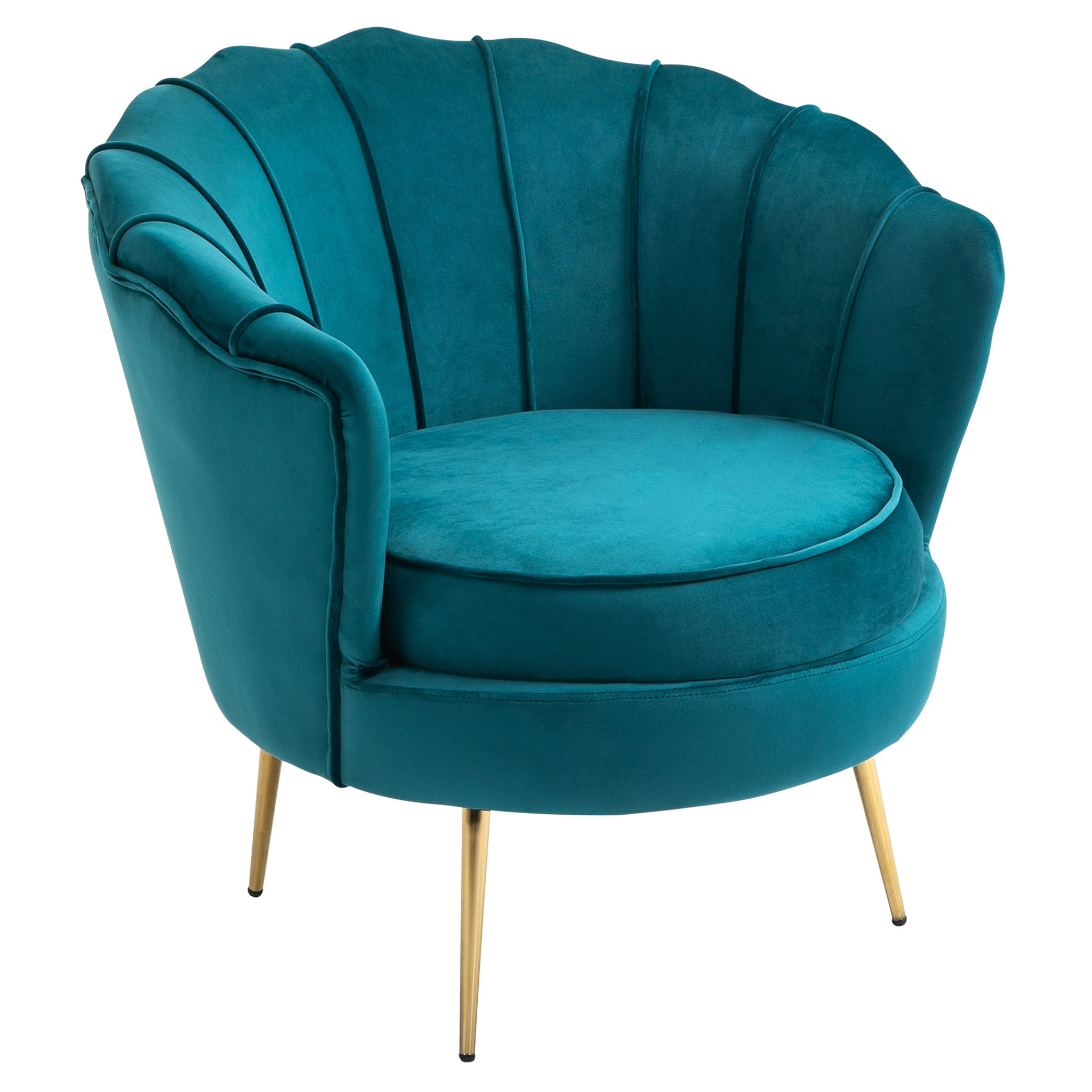Voir la diapositive 1 : HOMCOM Fauteuil coquillage fauteuil design dim. 79L x 77l x 77H cm pieds dorés effilés velours bleu canard