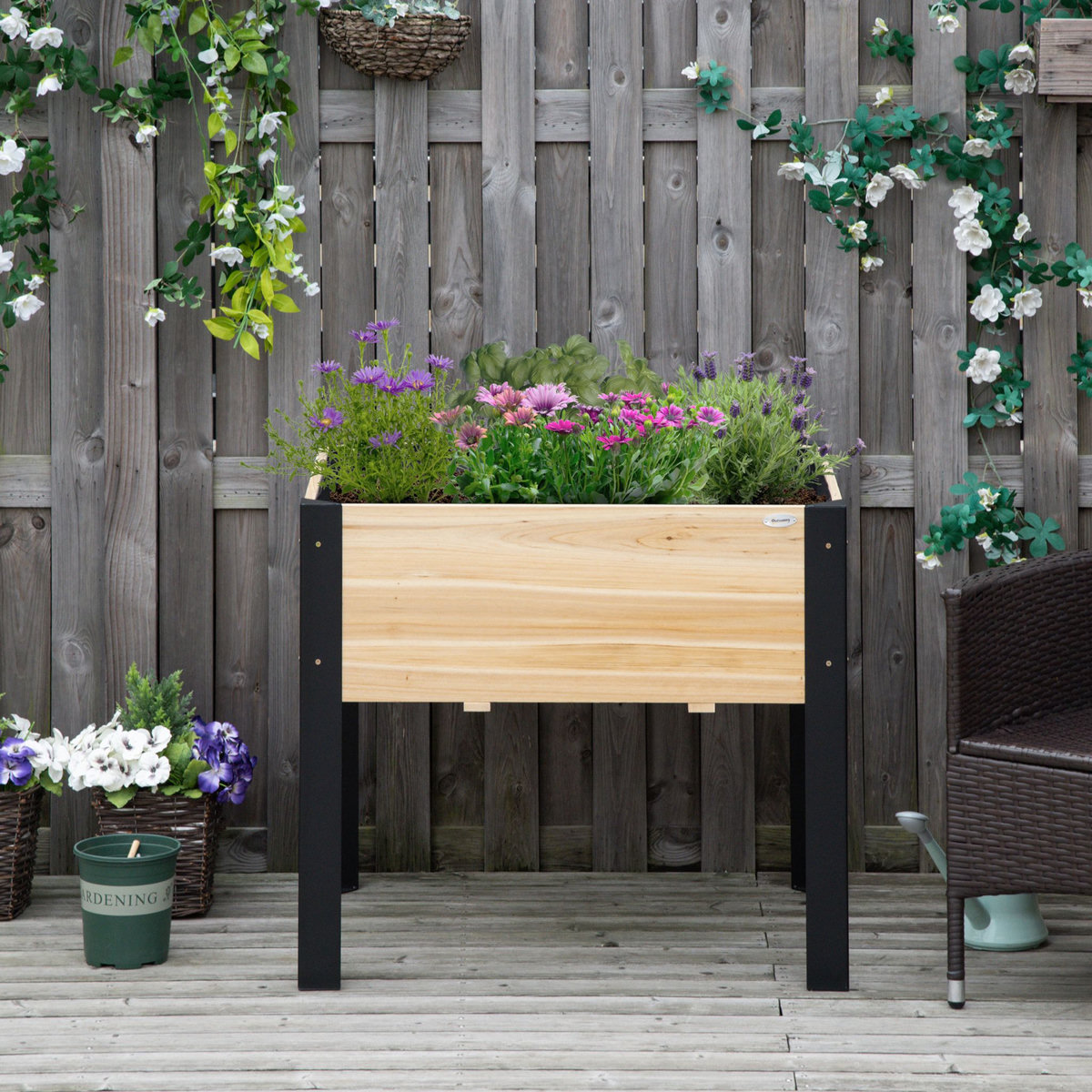OUTSUNNY Jardinière sur pieds - potager - feutre de drainage inclus - métal époxy noir bois sapin