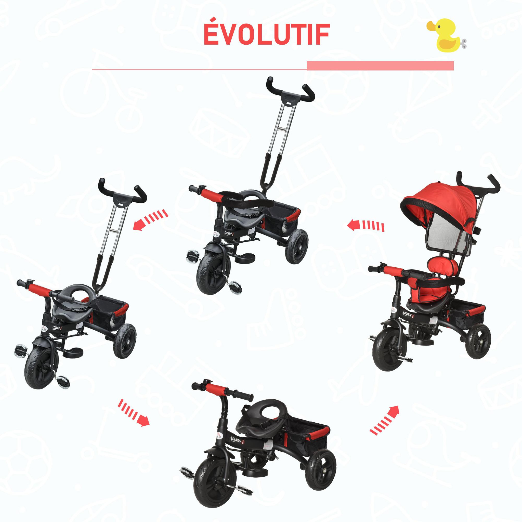 Voir la diapositive 4 : HOMCOM Tricycle enfant évolutif pare-soleil pliable canne  télescopique amovible 92 x 51 x 110 cm acier rouge noir