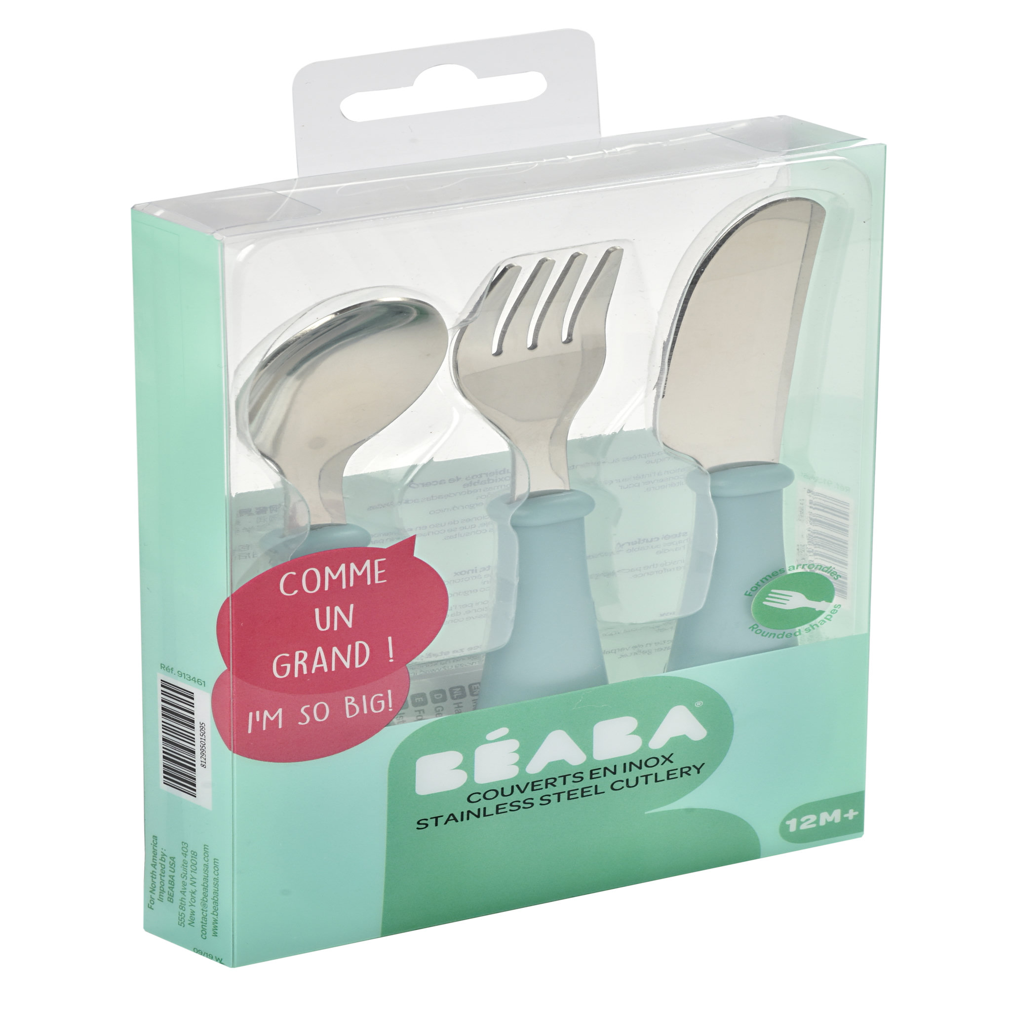 BEABA Set de 3 couverts inox vert d'eau