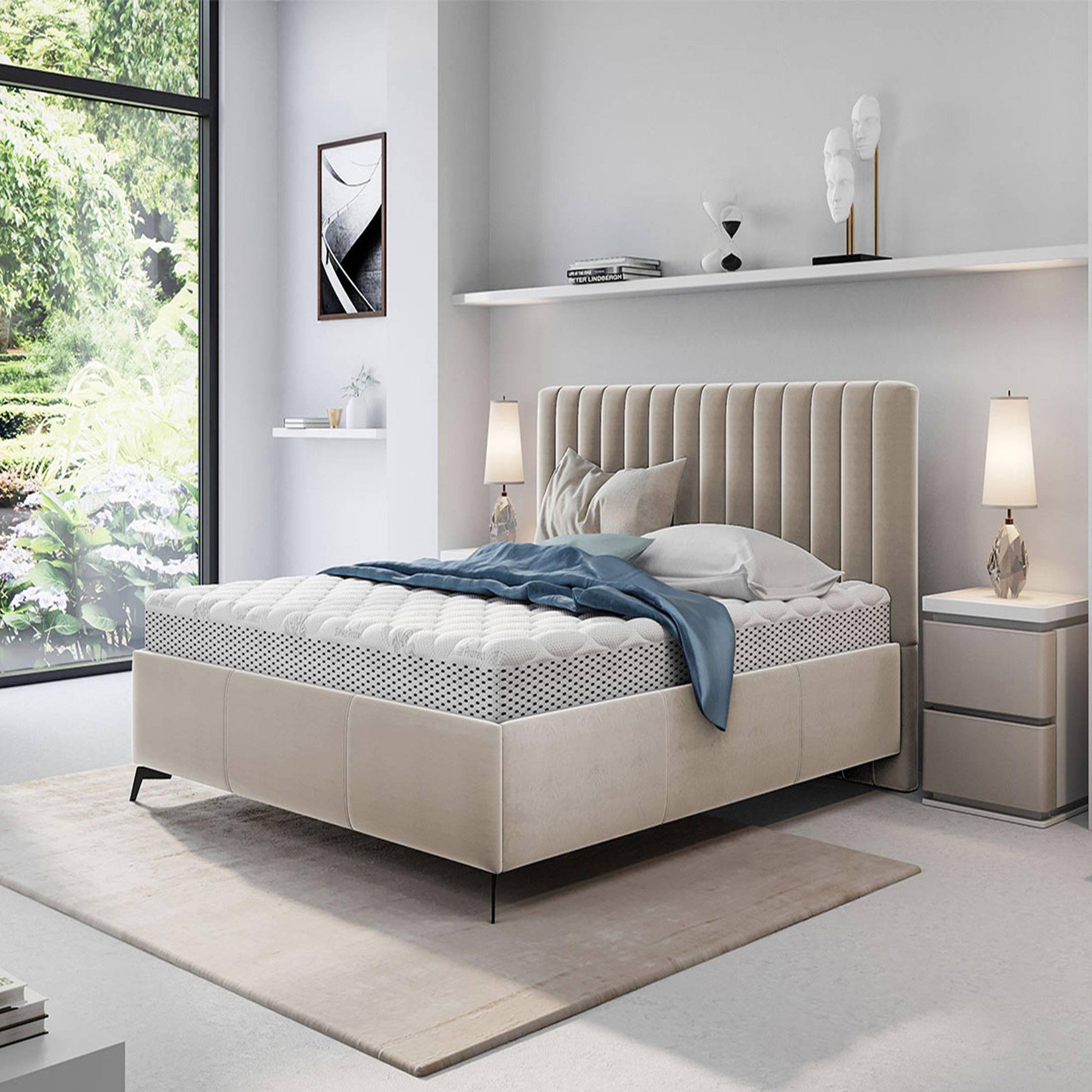 BEST MOBILIER Mendoza - lit coffre - 140x200 - sommier inclus - en velours. Coloris disponibles : Vert, Beige, Bleu, Gris