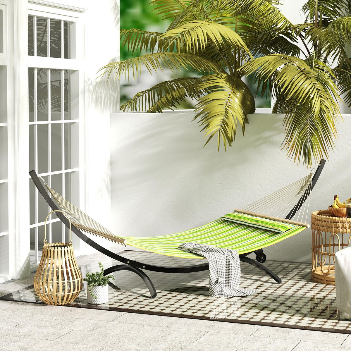 OUTSUNNY Support de hamac en métal avec roue de déplacement max. 150 Kg - chaînes, mousquetons - métal noir