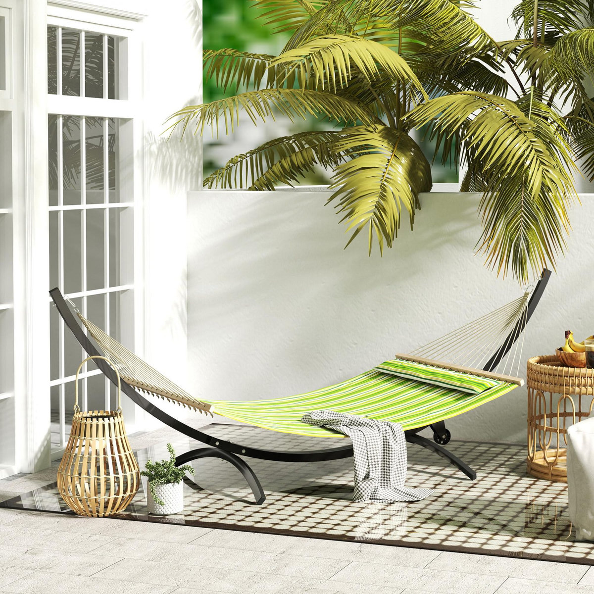 OUTSUNNY Support de hamac en métal avec roue de déplacement max. 150 Kg - chaînes, mousquetons - métal noir