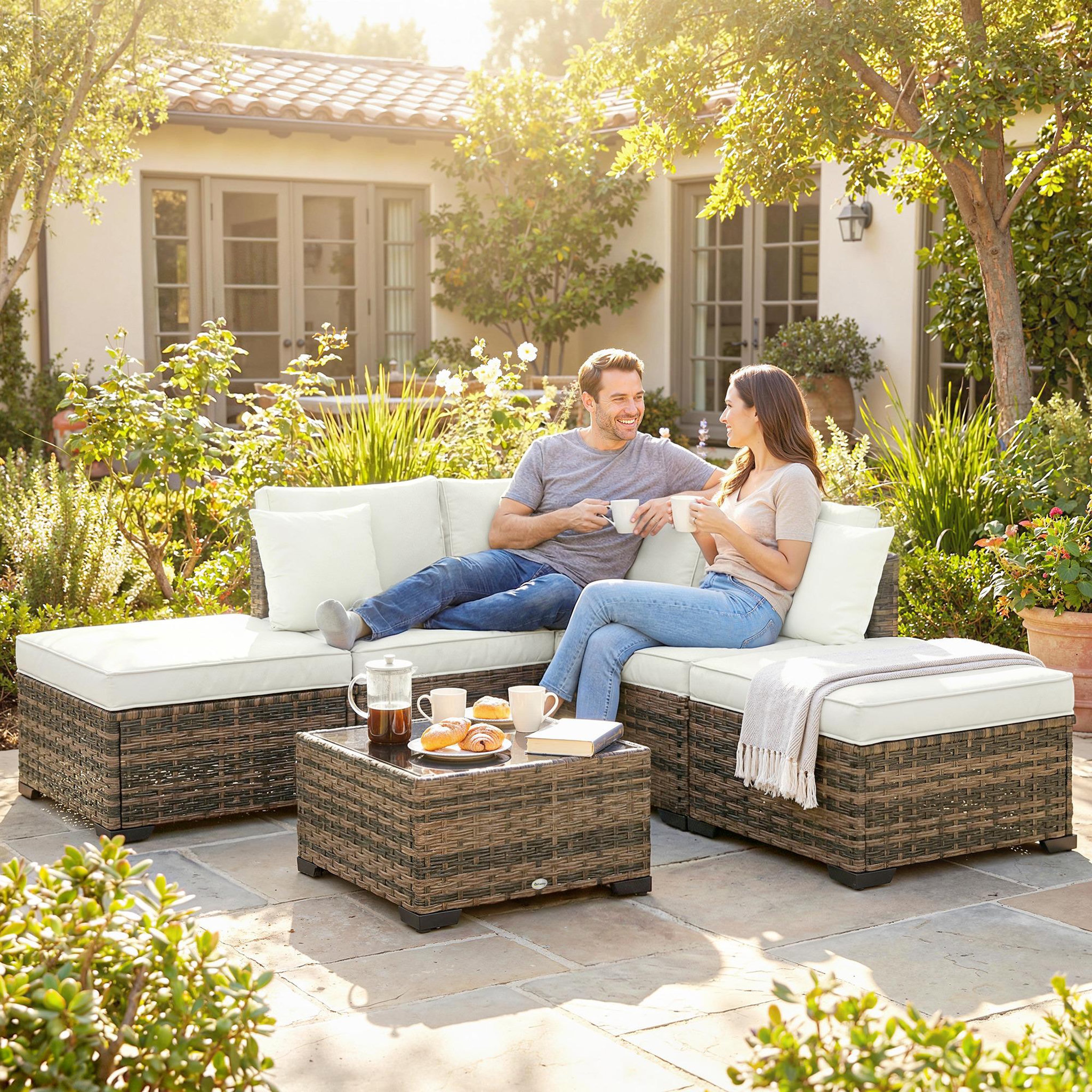 Voir la diapositive 2 : OUTSUNNY Salon de jardin d'angle 5 places avec table basse et coussins résine marron crème