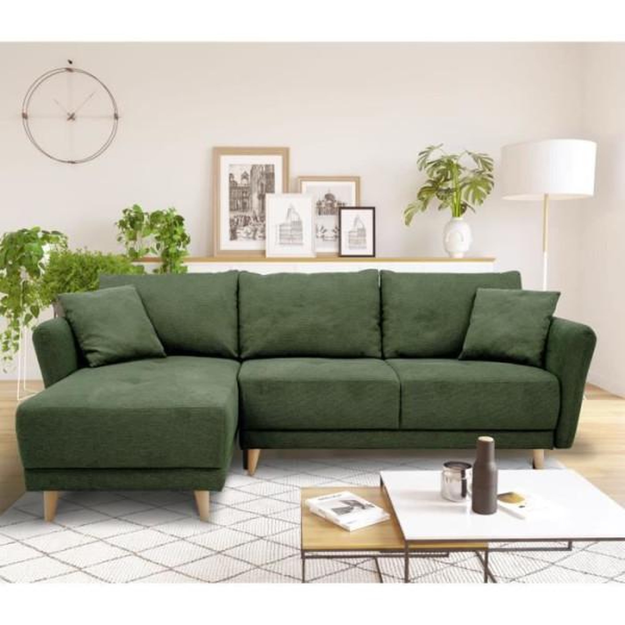 Voir la diapositive 2 : MARKET24 Canapé d'angle convertible réversible 3-4 places CLAUDIUS - Tissu Vert Olive - Coffre de rangement - L 244 x P 158 x H 95 cm