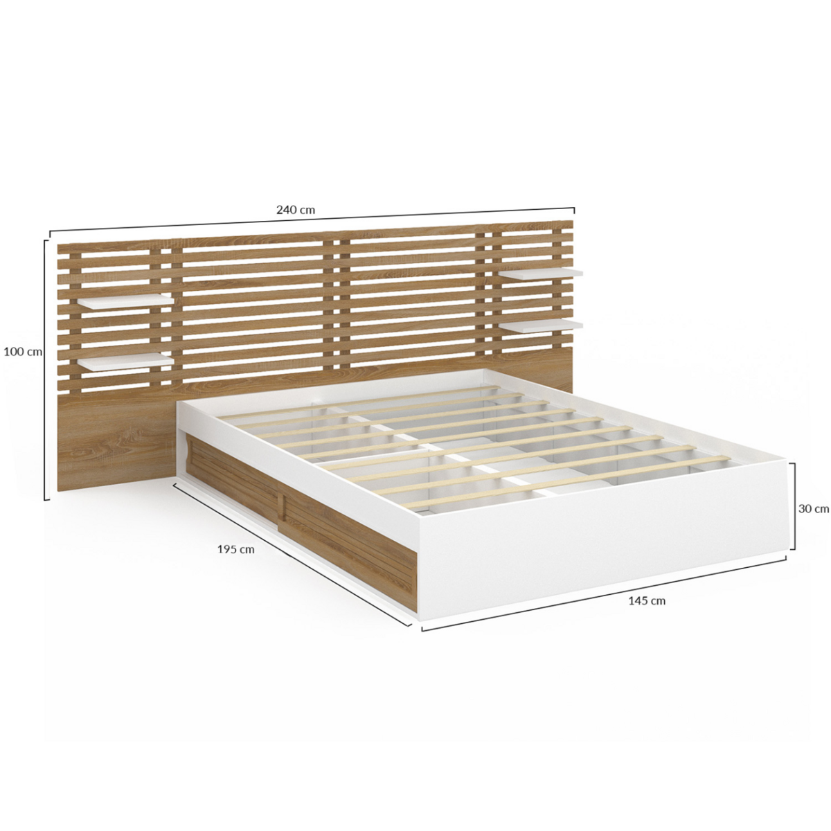 ID MARKET Lit double SAVANA avec tête de lit, chevets, rangements et sommier 140 x 190 cm hêtre et portes blanches