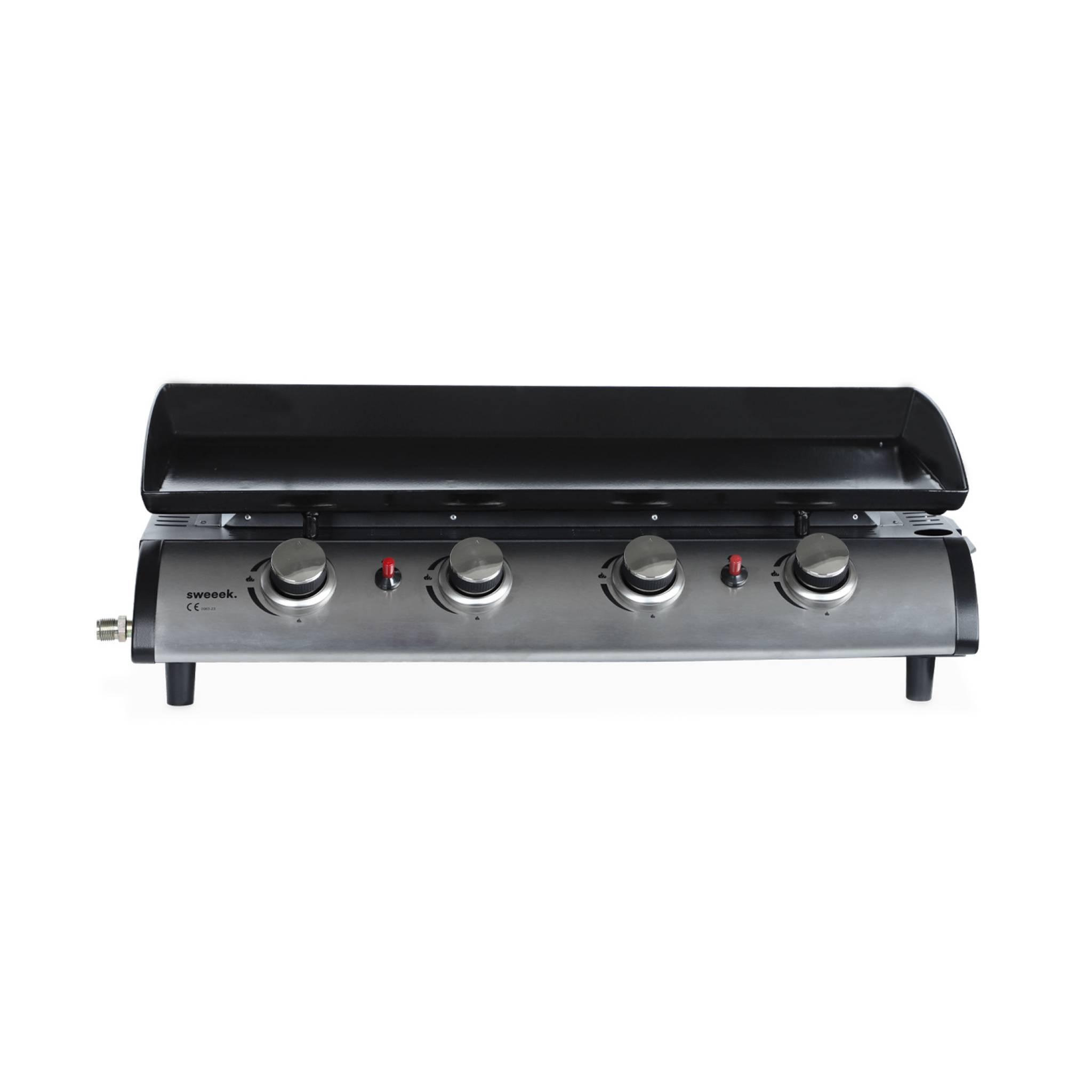 Voir la diapositive 4 : SWEEEK Plancha au gaz 4 brûleurs sur chariot - Porthos - 10kW. plancha à gaz avec desserte . cuisine extérieure. plaque émaillée. inox. barbecue