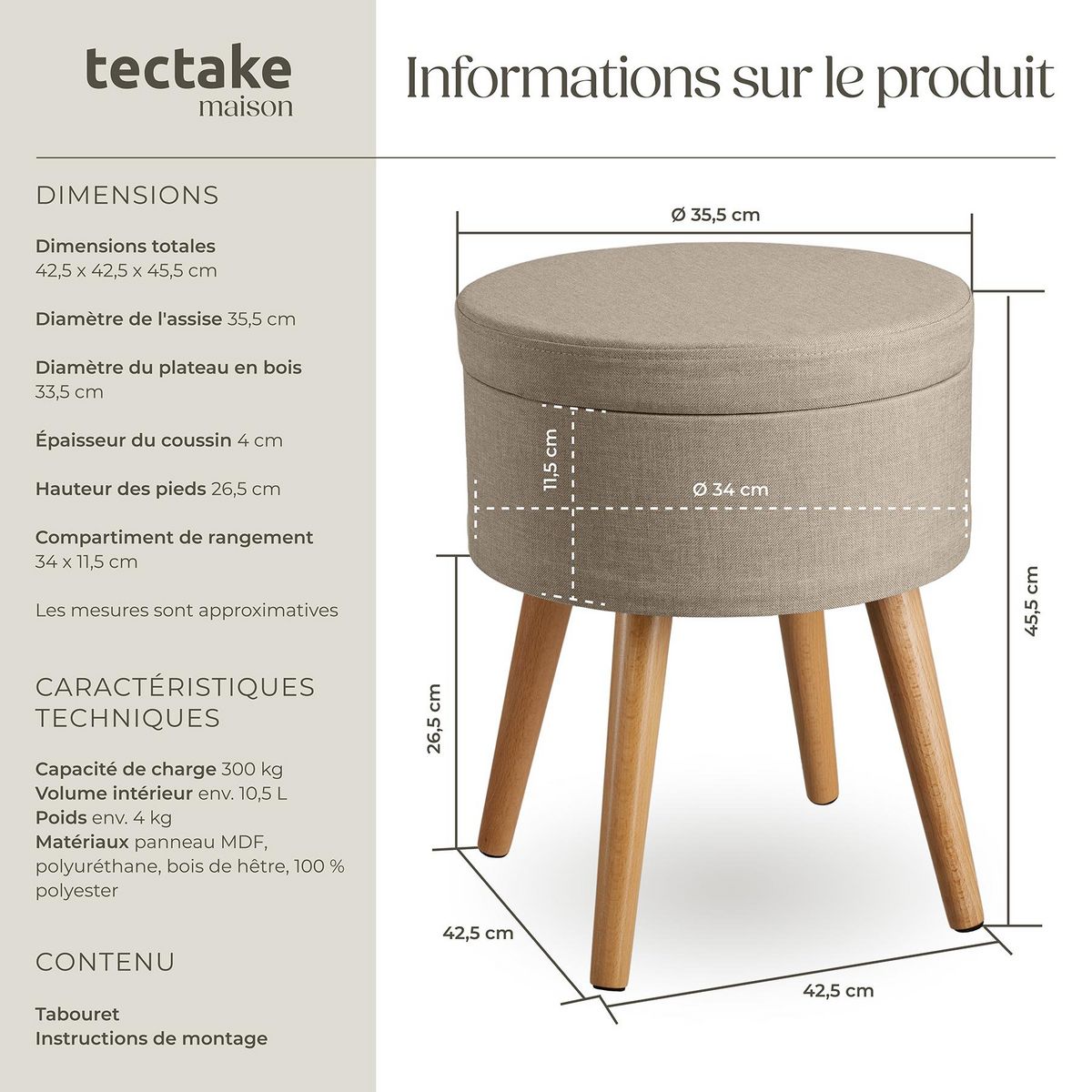 tectake Tabouret avec espace de rangement rond sable