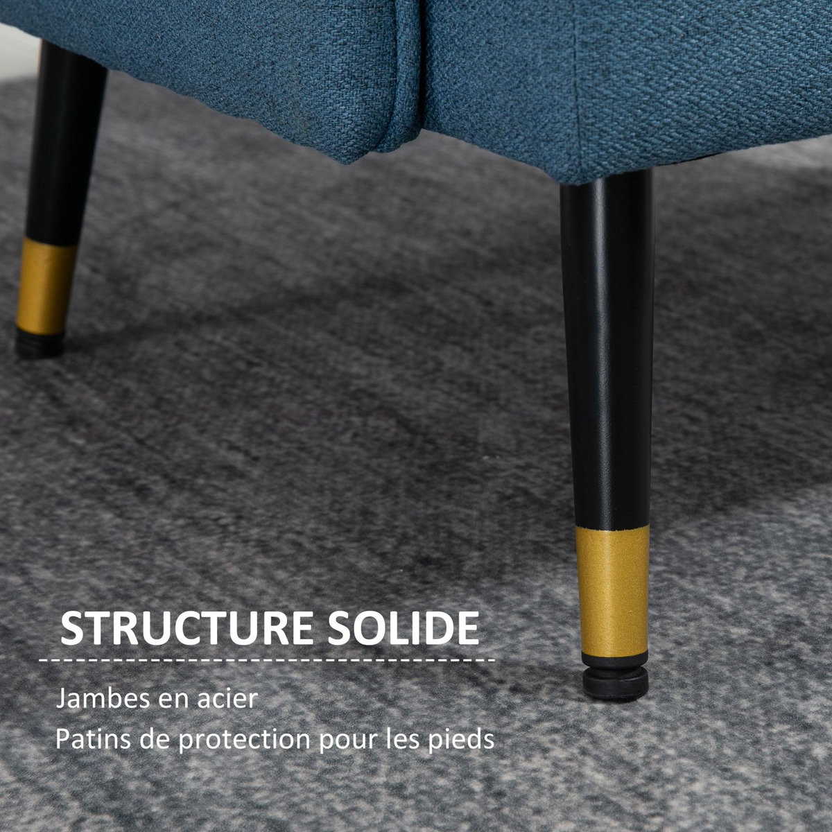 HOMCOM Fauteuil style art-déco dossier effet capitonné piètement incliné effilé métal noir extrémités dorées tissu bleu