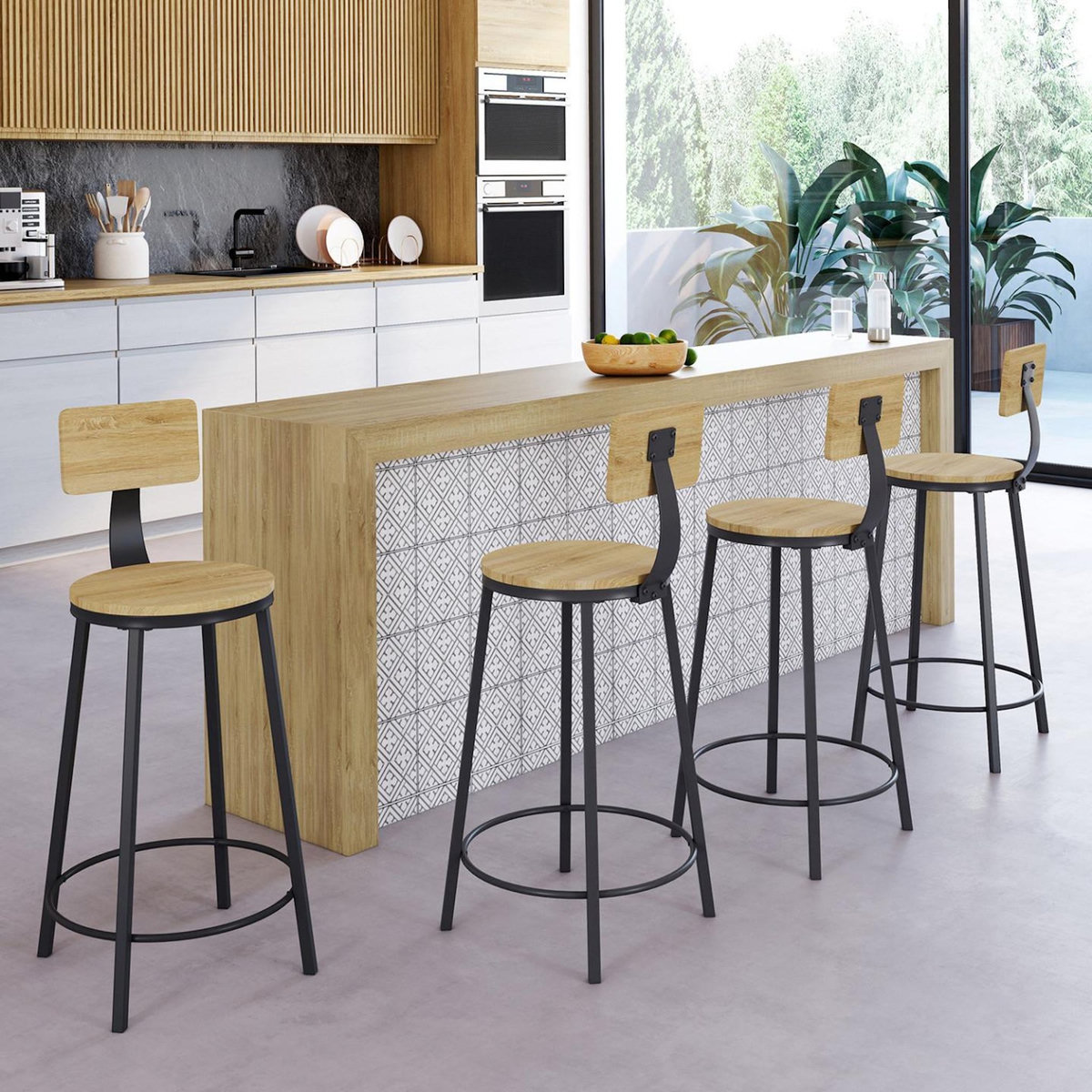 ID MARKET Lot de 4 tabourets de bar DETROIT assise ronde avec dossier design industriel