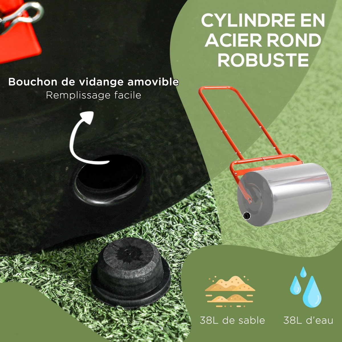 OUTSUNNY Rouleau à gazon jardin en acier avec poignée dim. 59L x 32l x 113H cm lestage max. 38 L rouge noir