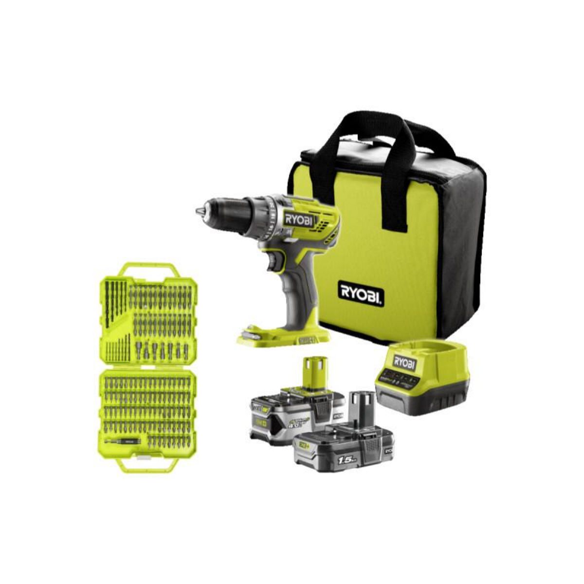 Ryobi Pack RYOBI Perceuse-visseuse R18DD3-2415BS - 18V One+ - 2 batteries 4,0 Ah - 1,5Ah - Chargeur - Cof